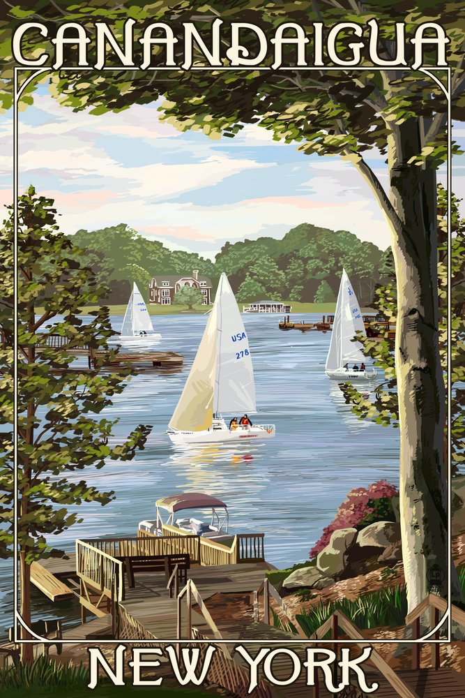 Canandaigua Lake New York Sailboat Scenic View - 24x36 Signed Art Print Poster, Wall Decor for Living Room, Office & Bedroom - Perfect for Home & Office Decoration