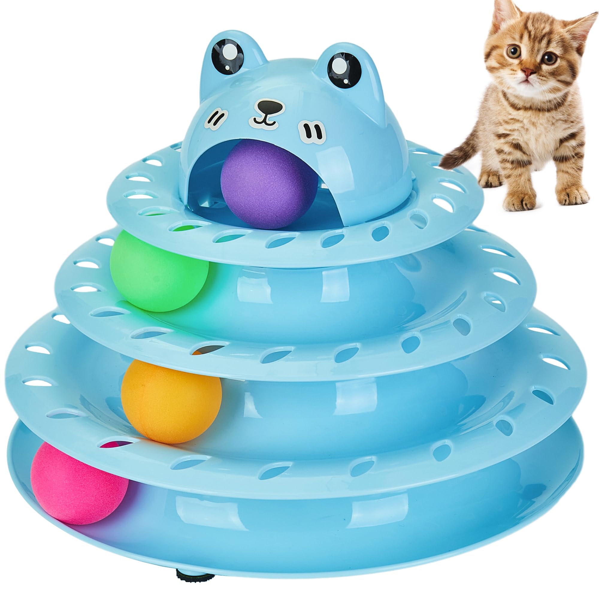 **Gefryco 4-Tier Interactive Cat Toy Ball Track & Turntable Tower - Multi-Level Puzzle Exercise Toy with Colorful Chase Balls for Indoor Cats (Blue) - Fun Playtime & Mental Stimulation for Kittens**