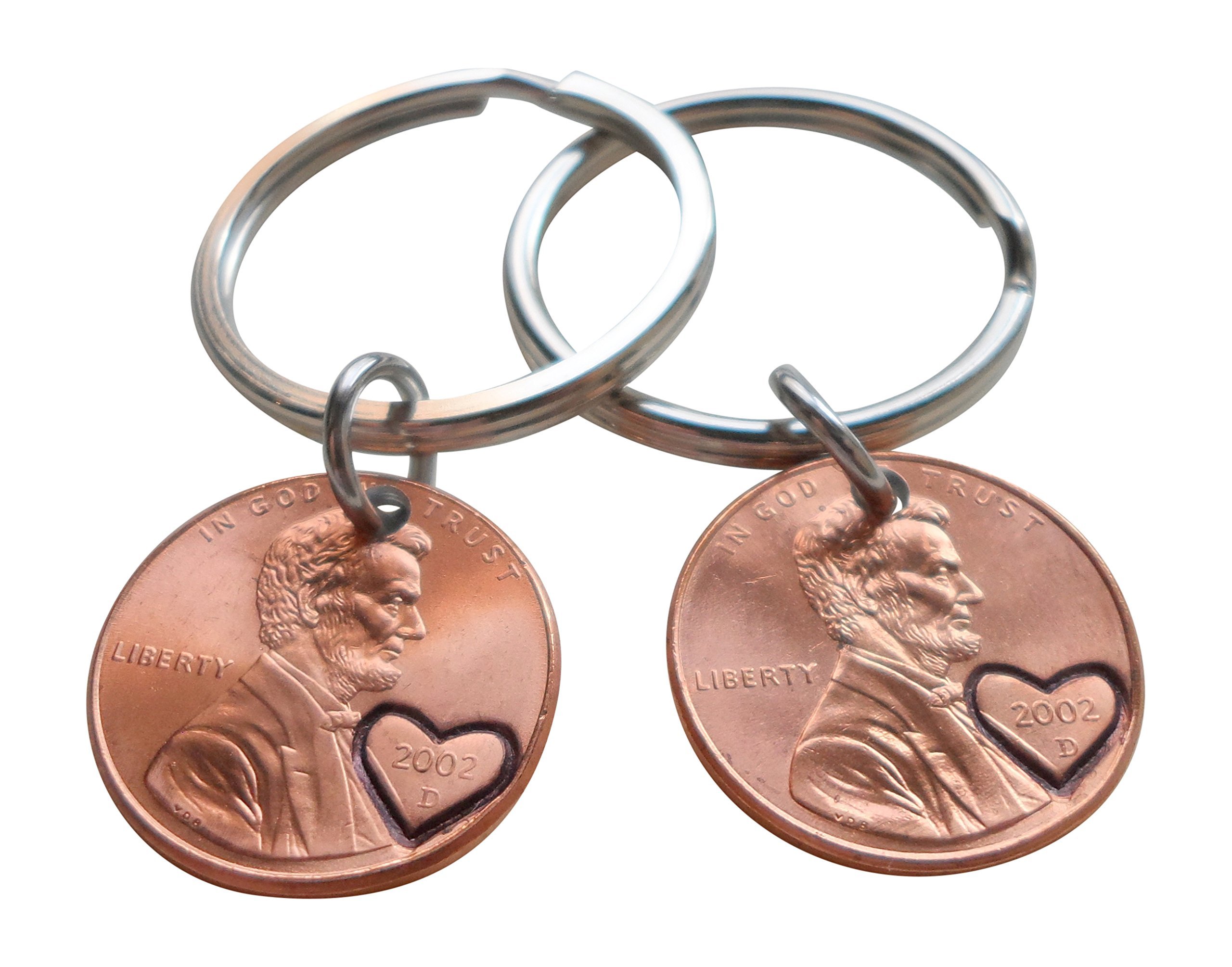 2002 Double Heart Penny Keychains - Engraved Couples Anniversary Gift Set, 23 Year Celebration, Perfect for Valentine's Day, Wedding, or Romantic Keepsake
