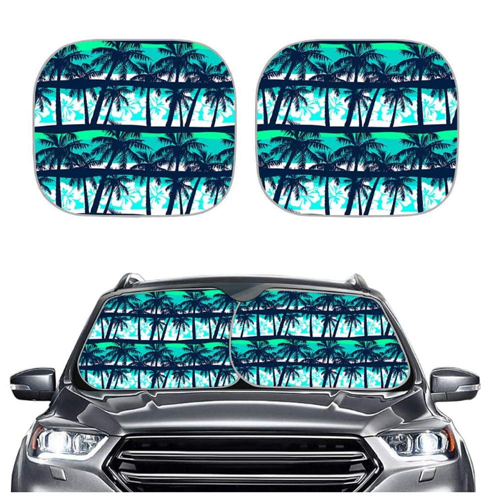 Hawaiian Palm Car Sun Shade - 2 Pcs Custom Windshield Sunshade, Universal Car Sun Visor, Blocks Sun Glare, UV & Heat, Protects Car Interior for Parking & Driving