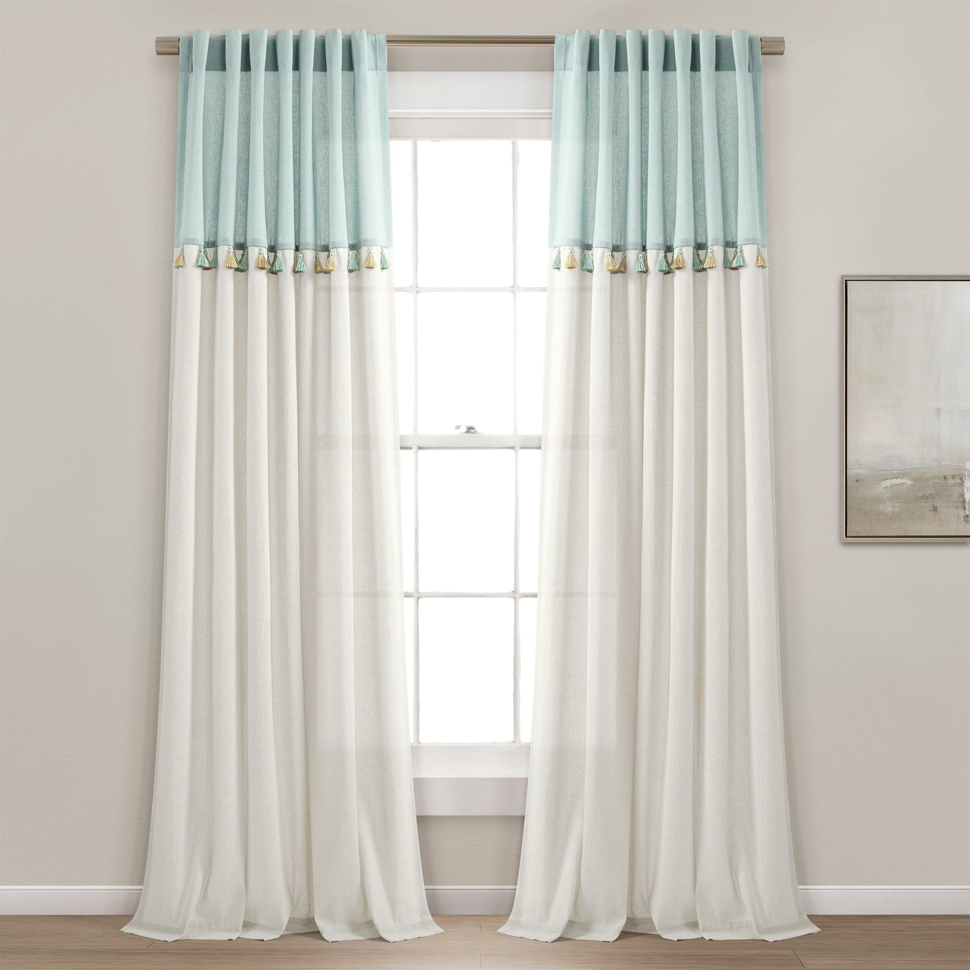 Boho Faux Linen Tassel Color Block Window Curtain Panel Set - Light Filtering Sheer Drapes for Living Room, Bedroom & Nursery Decor