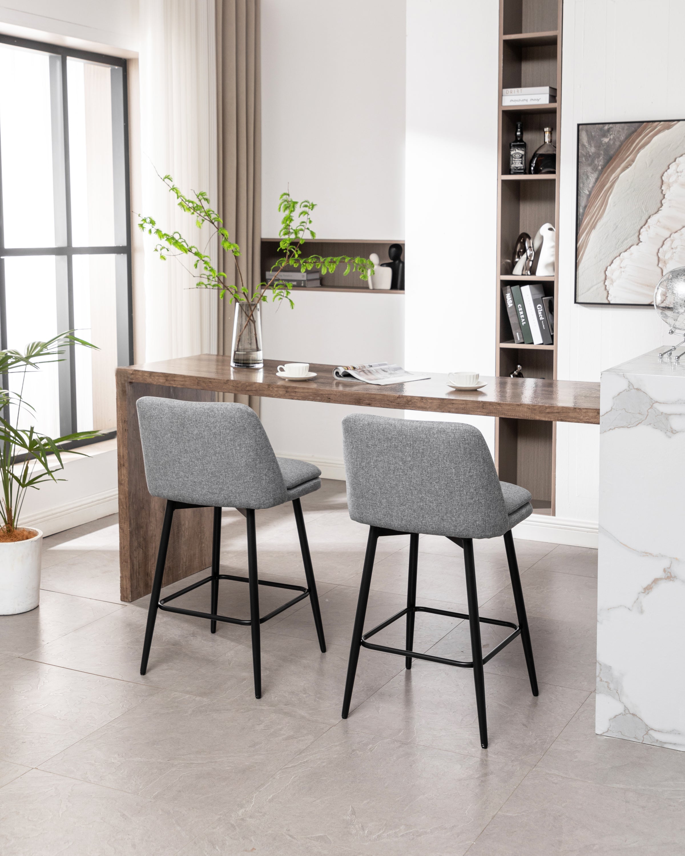 360° Swivel Counter Height Bar Stools Set of 2 - Upholstered with Back Support & Sturdy Metal Legs, 25.6