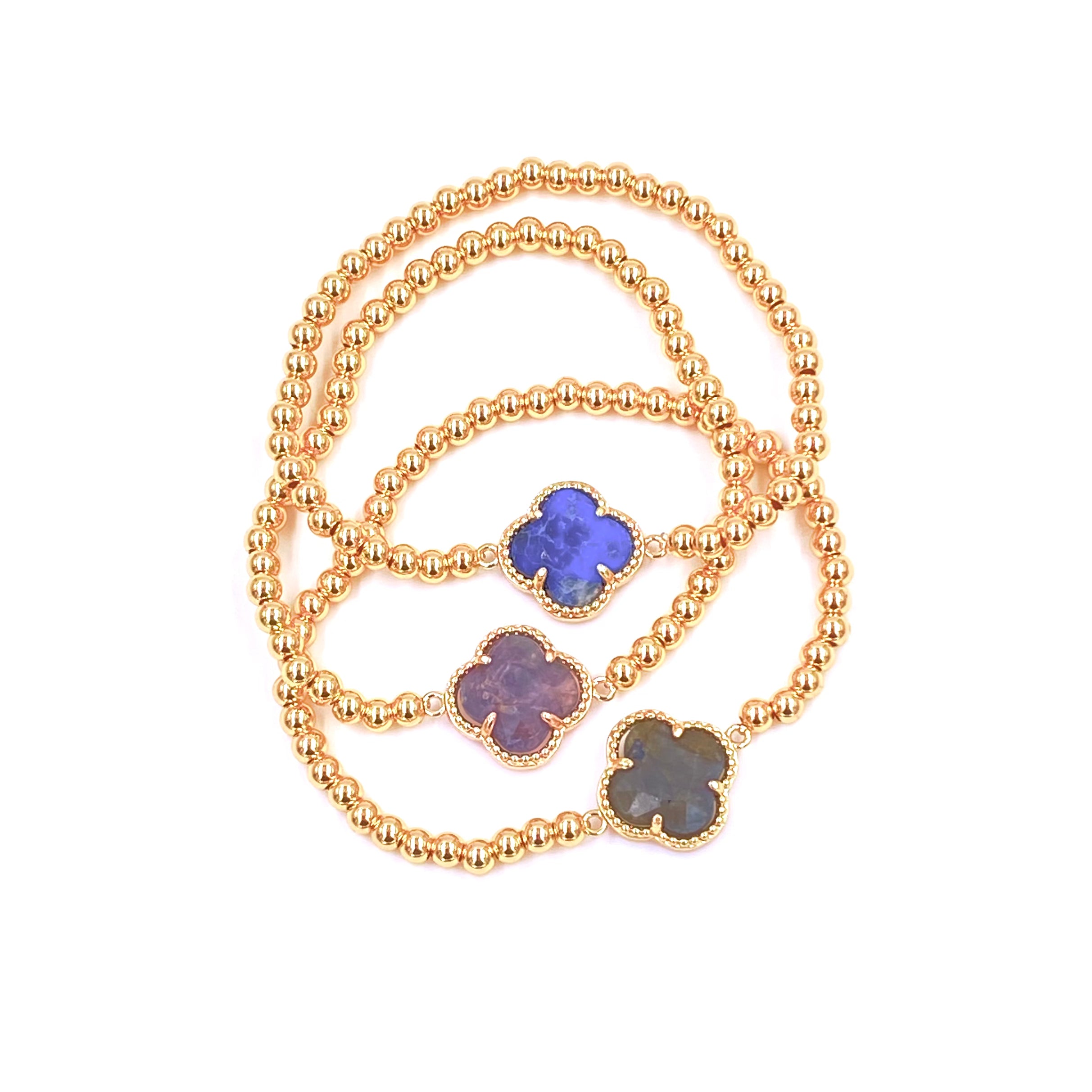 Ashley Gold Stainless Steel Gold Plated Semi-Precious Clover Ball Beaded Stretch Bracelet for Women - Perfect for Parties, Weddings & Everyday Wear