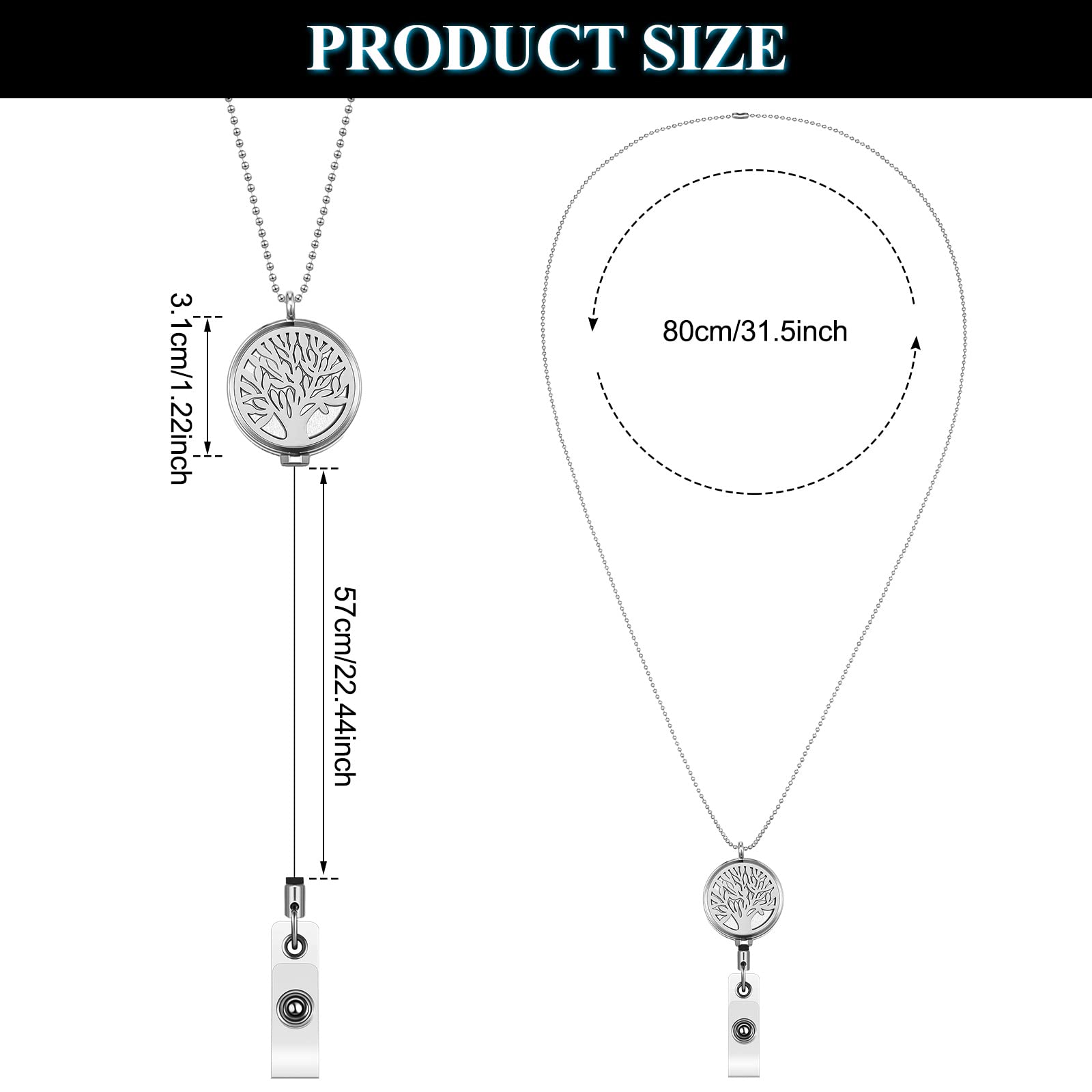 2-Pack Retractable ID Badge Lanyard with Essential Oil Diffuser - Silver Stainless Steel Keychain for Nurses & Professionals