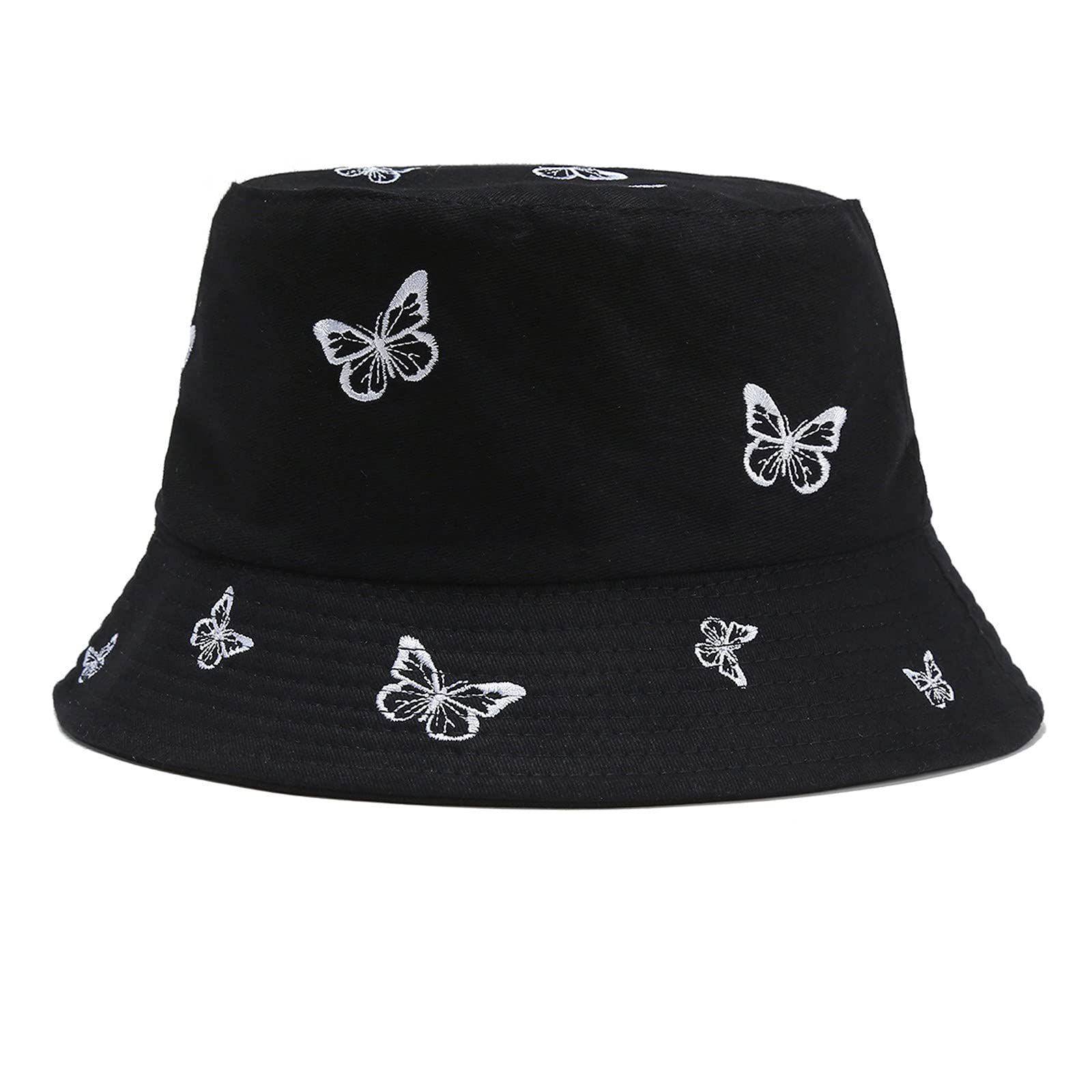 Women's Fashion Fisherman Sun Hat with Butterfly Embroidery - Breathable Double-Sided Bucket Hat for Outdoor Activities, Beach, Gardening & Travel - One Size Fits All (Black)