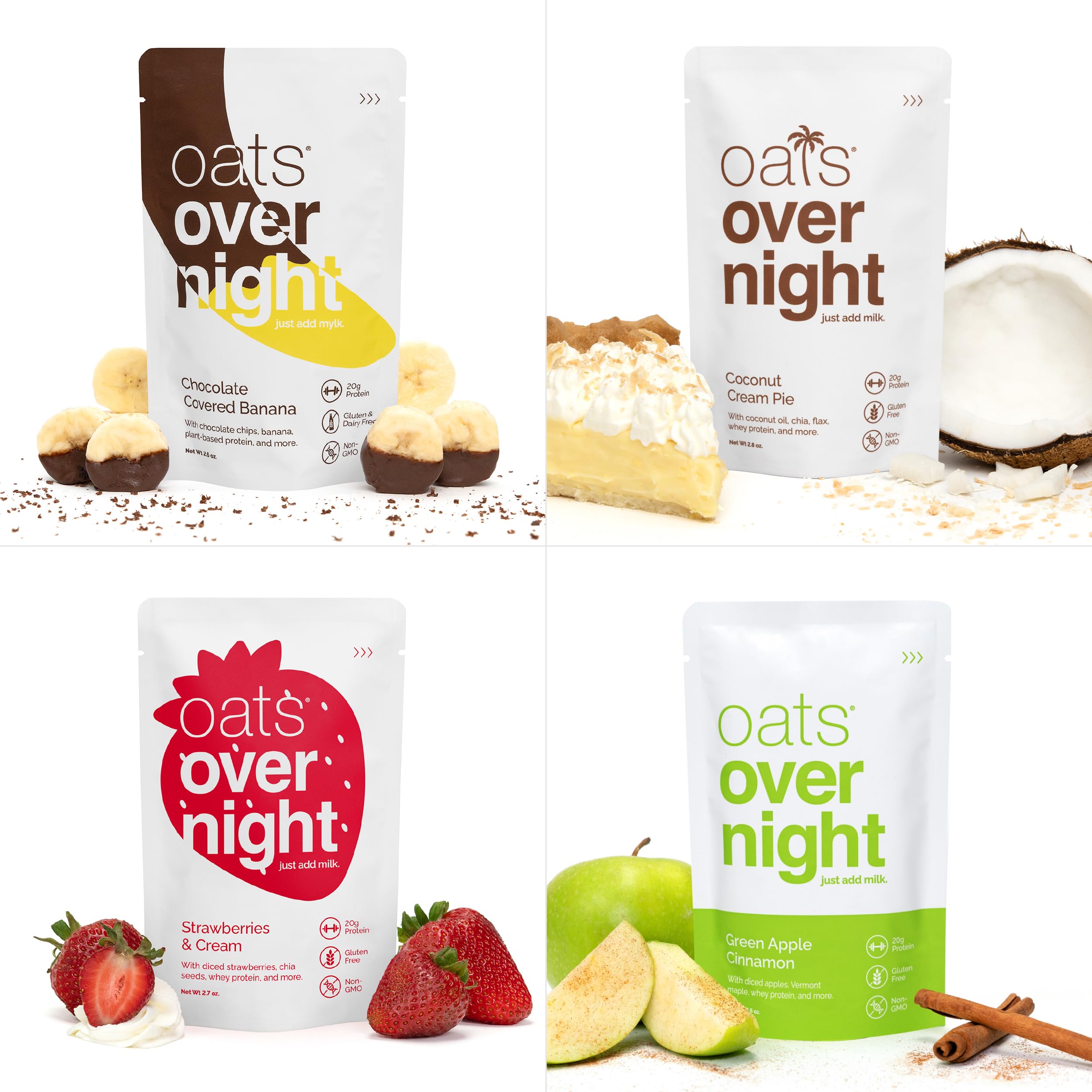 Oats Overnight Fruit Variety Pack - High Protein & Fiber Gluten-Free Breakfast Shake | Non-GMO Oatmeal with Fruity Cereal & Chocolate Banana Flavors (8 Pack) - Perfect for Busy Mornings, Post-Workout Recovery & Healthy On-the-Go Meals