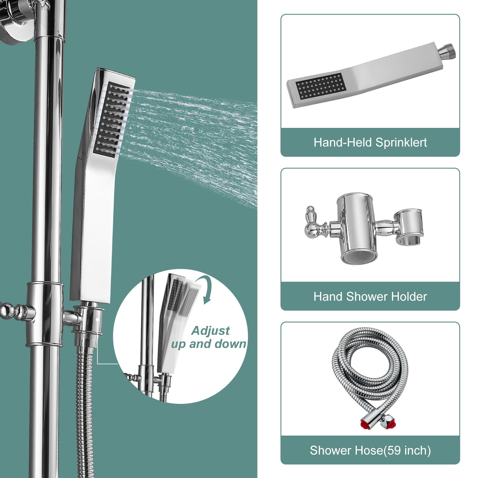 Premium Polish Chrome Exposed Shower System - 2 Function Bathroom Shower Set with 8 Inch Square Rainfall Shower Head & Hand Sprayer - Wall Mounted for Luxurious Spa Experience at Home