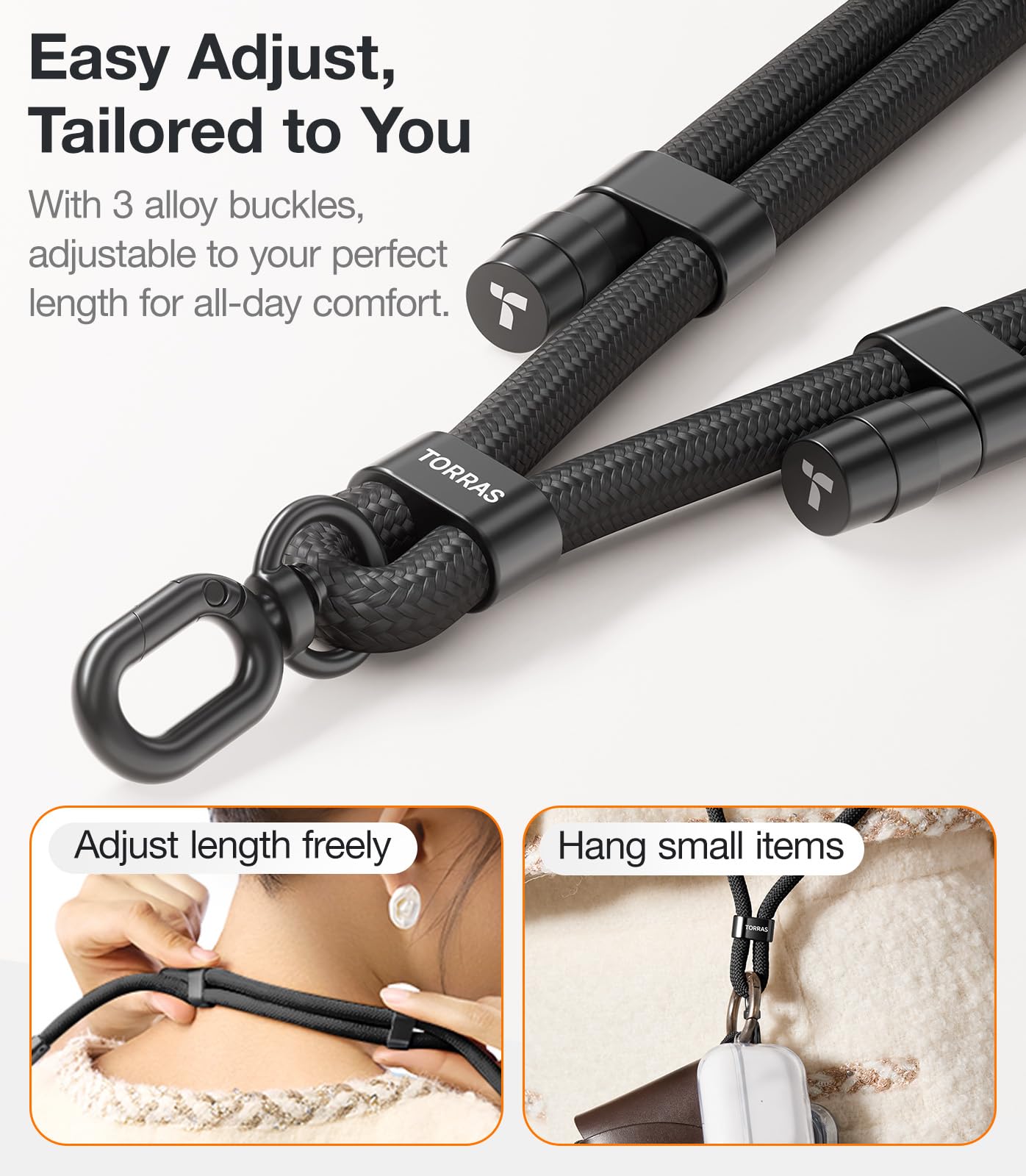 TORRAS Adjustable Anti-Theft Phone Lanyard with 2 Phone Tabs - Universal Crossbody Strap for All Smartphones - Premium Metal Buckles & Skin-Friendly Design - Travel Essentials (Black) | Perfect for Travel, Shopping, Concerts & Outdoor Activities