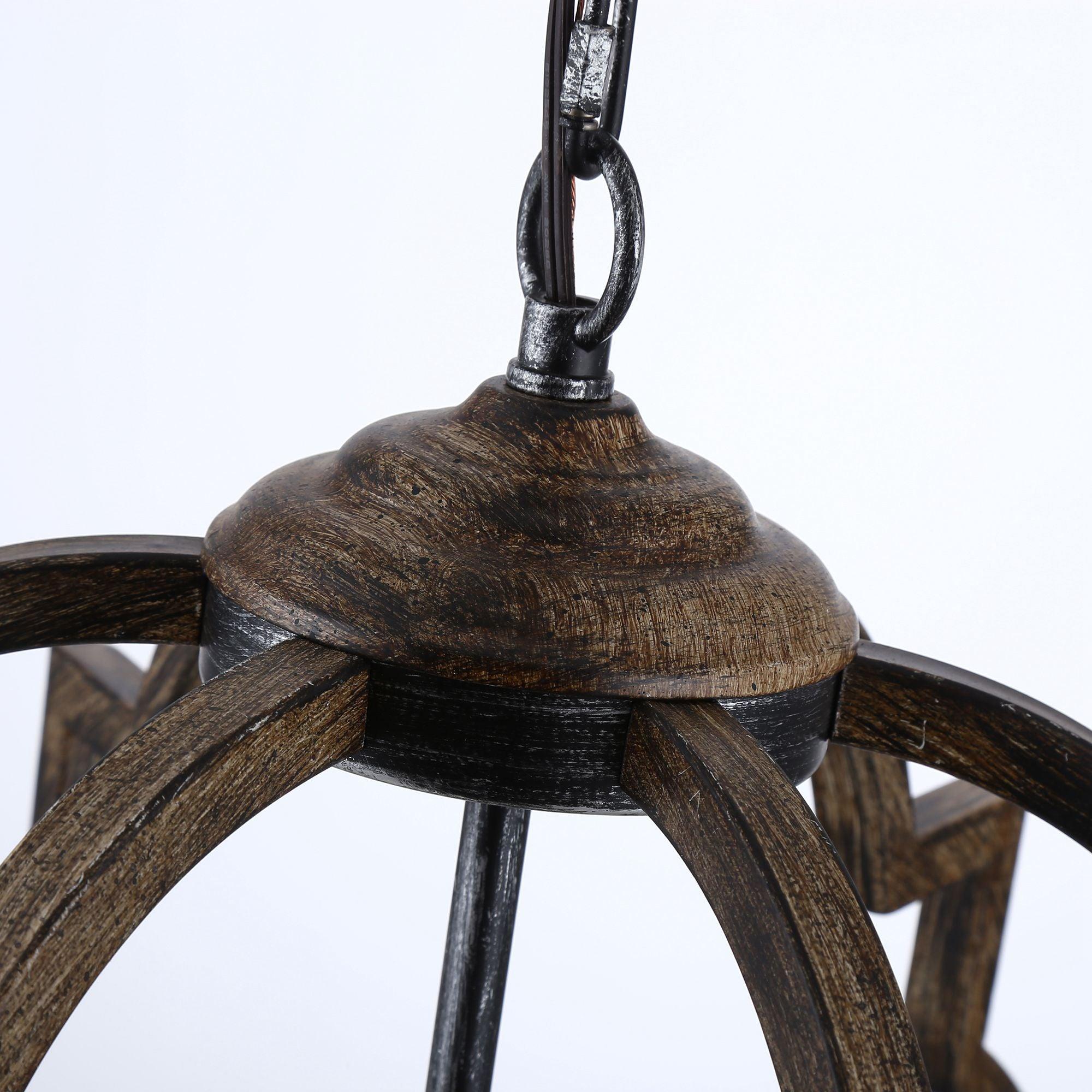 Cambon 6-Light Distressed Black & Brushed Wood Geometric Lantern Chandelier - Perfect for Farmhouse Dining Room, Rustic Kitchen Island, or Entryway Lighting