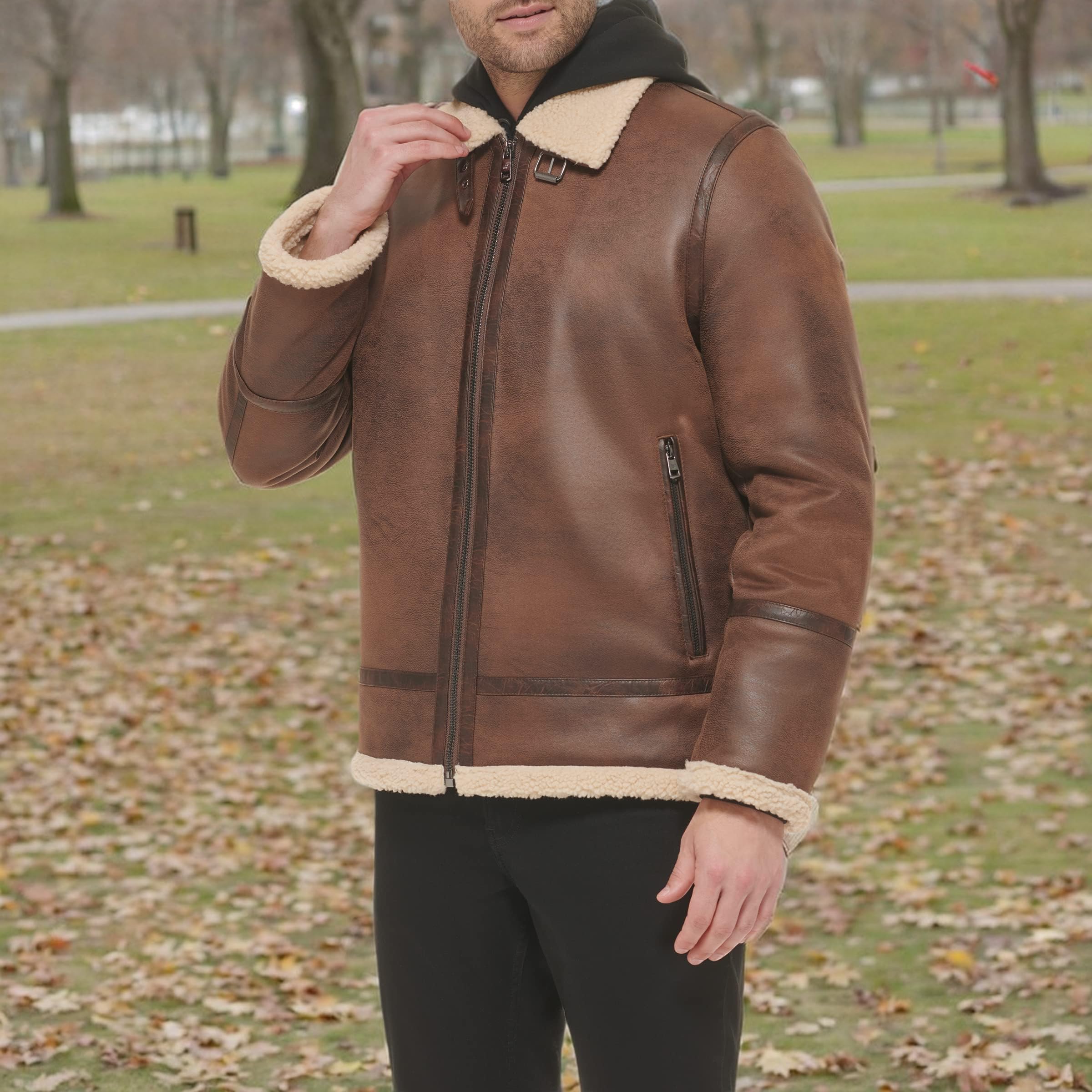Calvin Klein Men's Faux Leather Bomber Jacket with Warm Shearling Lining - Stylish Winter Outerwear for Casual & Night Out
