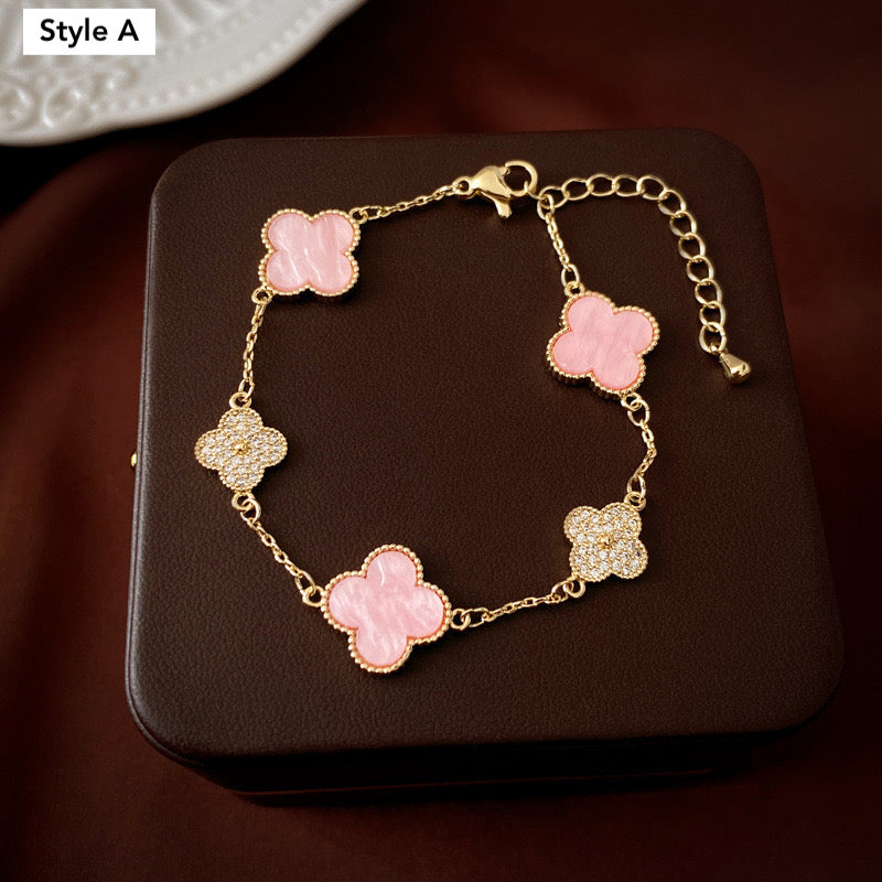 14K Gold Lucky Pink Clover Bracelet for Women - Elegant Four Leaf Clover Charm Bracelet for Good Luck & Fortune | Perfect Gift for Birthday, Anniversary, Valentine's Day & Everyday Wear