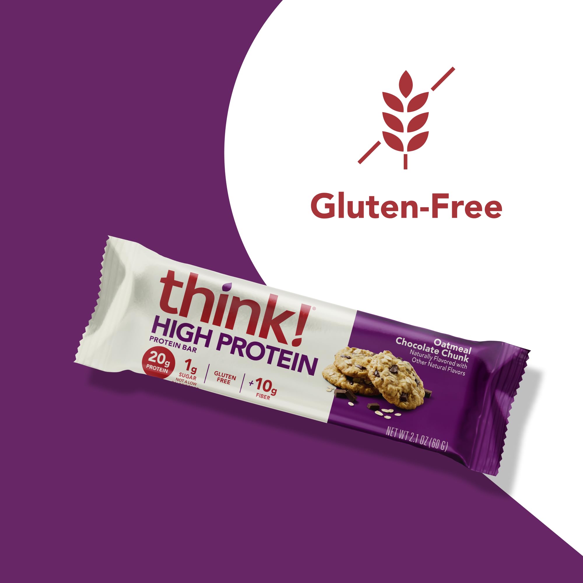 Think! Protein Bars - High Protein Snacks, Gluten Free, High Fiber, Oatmeal Chocolate Chunk (10 Count) | Perfect for Workout Recovery, Healthy On-the-Go Snacking & Weight Management