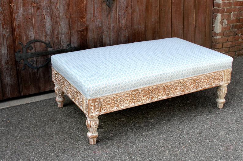 Handmade Carved Indian Traditional White Ottoman - Elegant Footstool Pouf for Living Room, Bedroom & Boho Home Decor