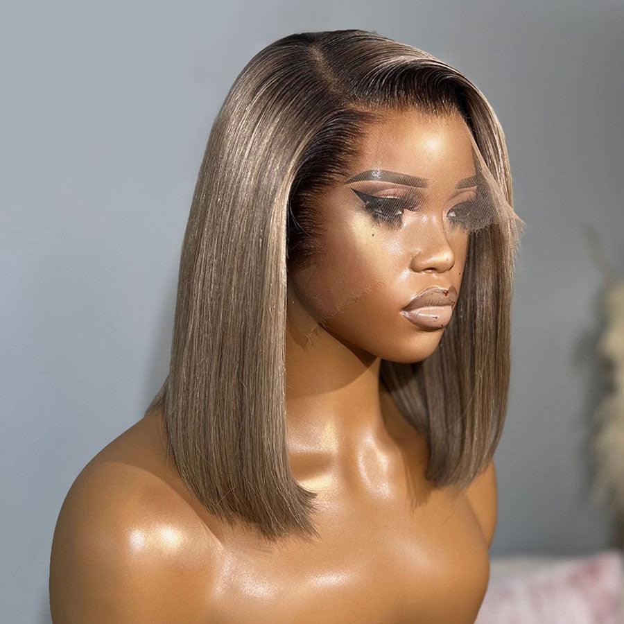 WOWANGEL Ash Grey Straight BOB Ombre 13X6 Skinlike Real HD Lace Wig - Natural Looking Human Hair Wig for Women, Perfect for Daily Wear, Cosplay & Special Occasions