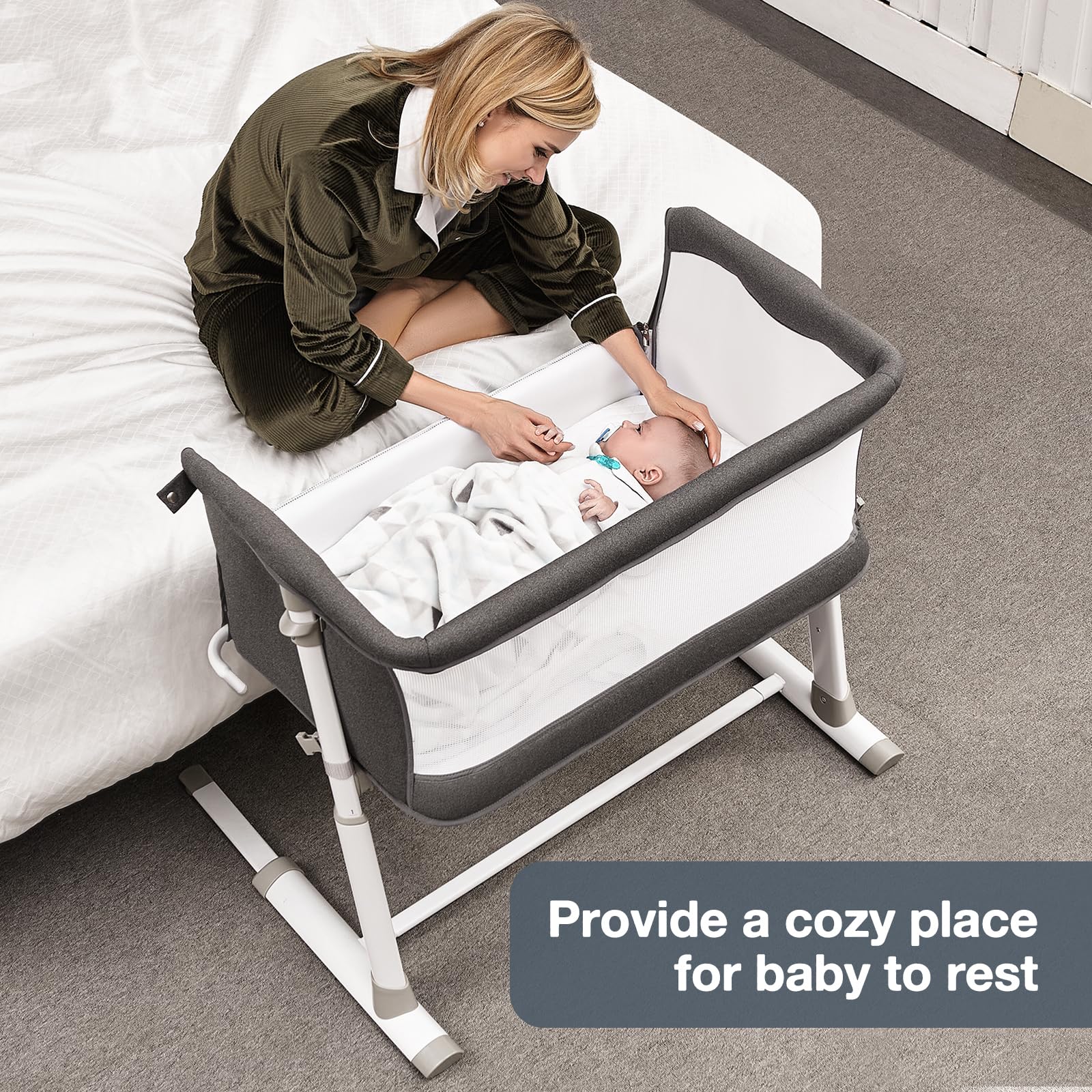 RONBEI Adjustable Portable Baby Bassinet & Bedside Sleeper - Dark Grey Crib Bed for Newborn, Infant, Baby Boy & Girl - Perfect for Nursery, Travel & Co-Sleeping