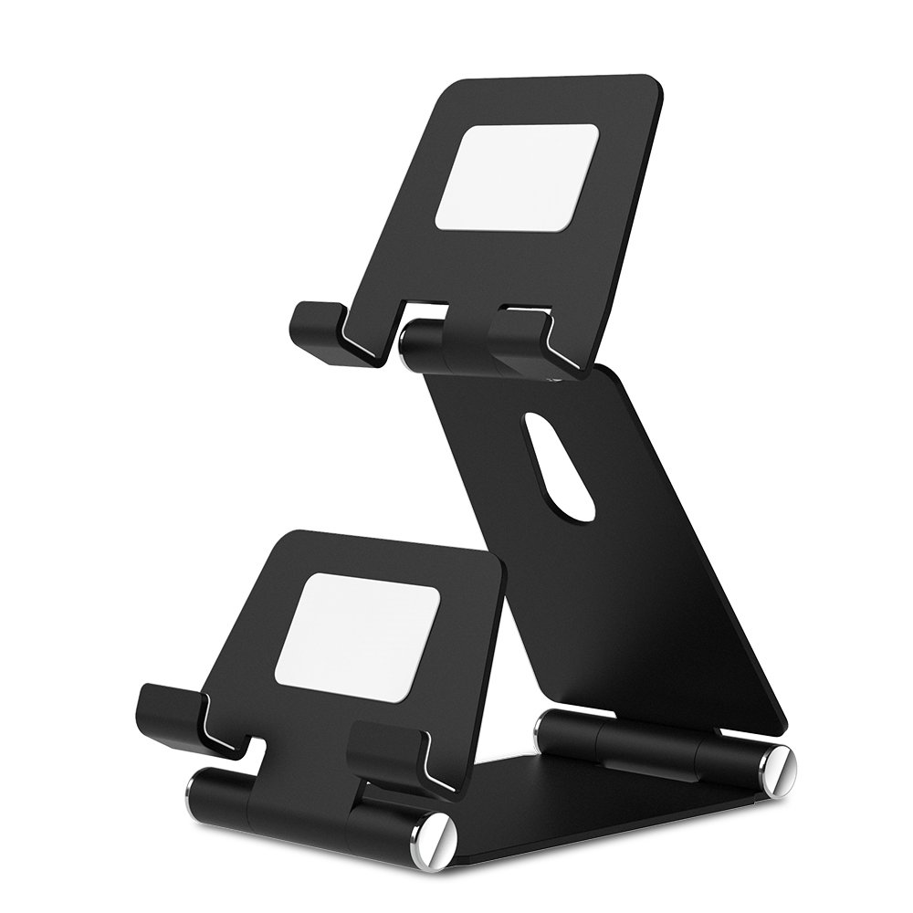 Dual Angle Adjustable Phone Tablet Stand Holder for iPhone 15 14 13 12 Pro Max, iPad, Samsung Galaxy, Nintendo Switch - Foldable Portable Desktop Stand for Video Watching, Gaming & Video Calls (Black)