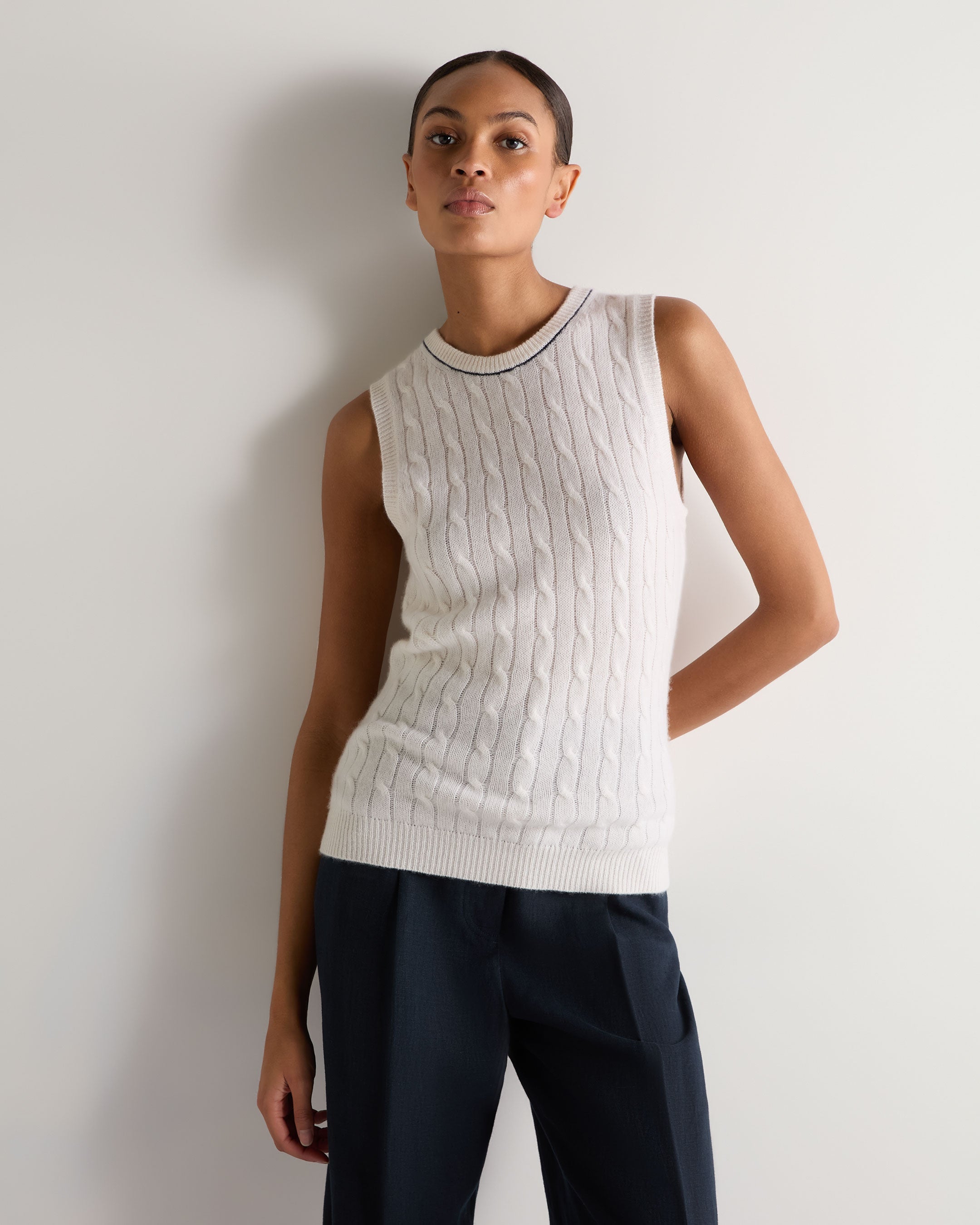 Women's Ophelia Cable Knit Cashmere Tank Top - Soft & Luxurious Ivory White - Perfect for Layering, Office Wear & Casual Outfits