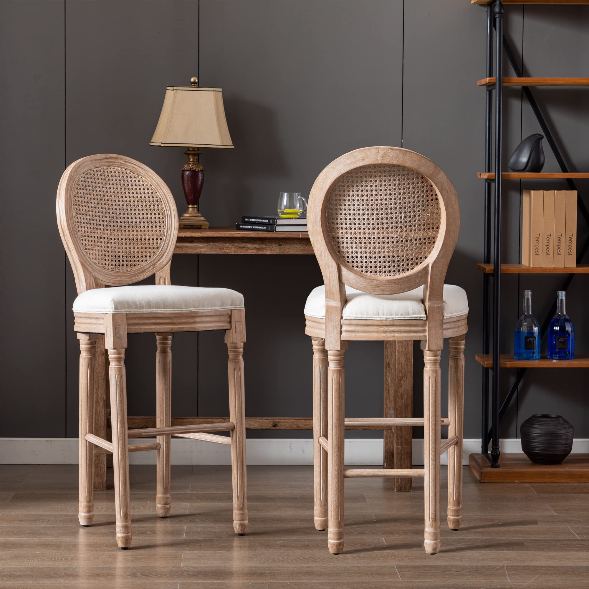 French Country Wooden Barstools with Rattan Back - Set of 2 Tall Bar Height Chairs for Kitchen Counter, Breakfast Nook & Home Bar Decor