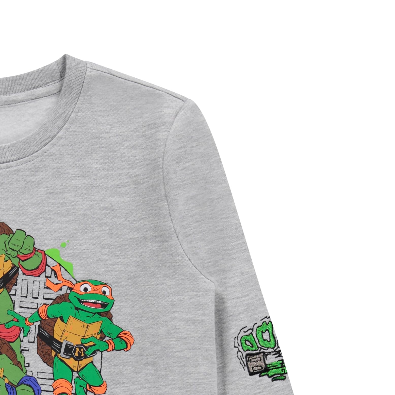 Boys' Ninja Turtles Crewneck Sweatshirt with Embroidered Leonardo, Raphael, Donatello & Michelangelo Sleeve Patches | TMNT Themed Pullover for Kids | Perfect for School, Playdates & Comic Con Events