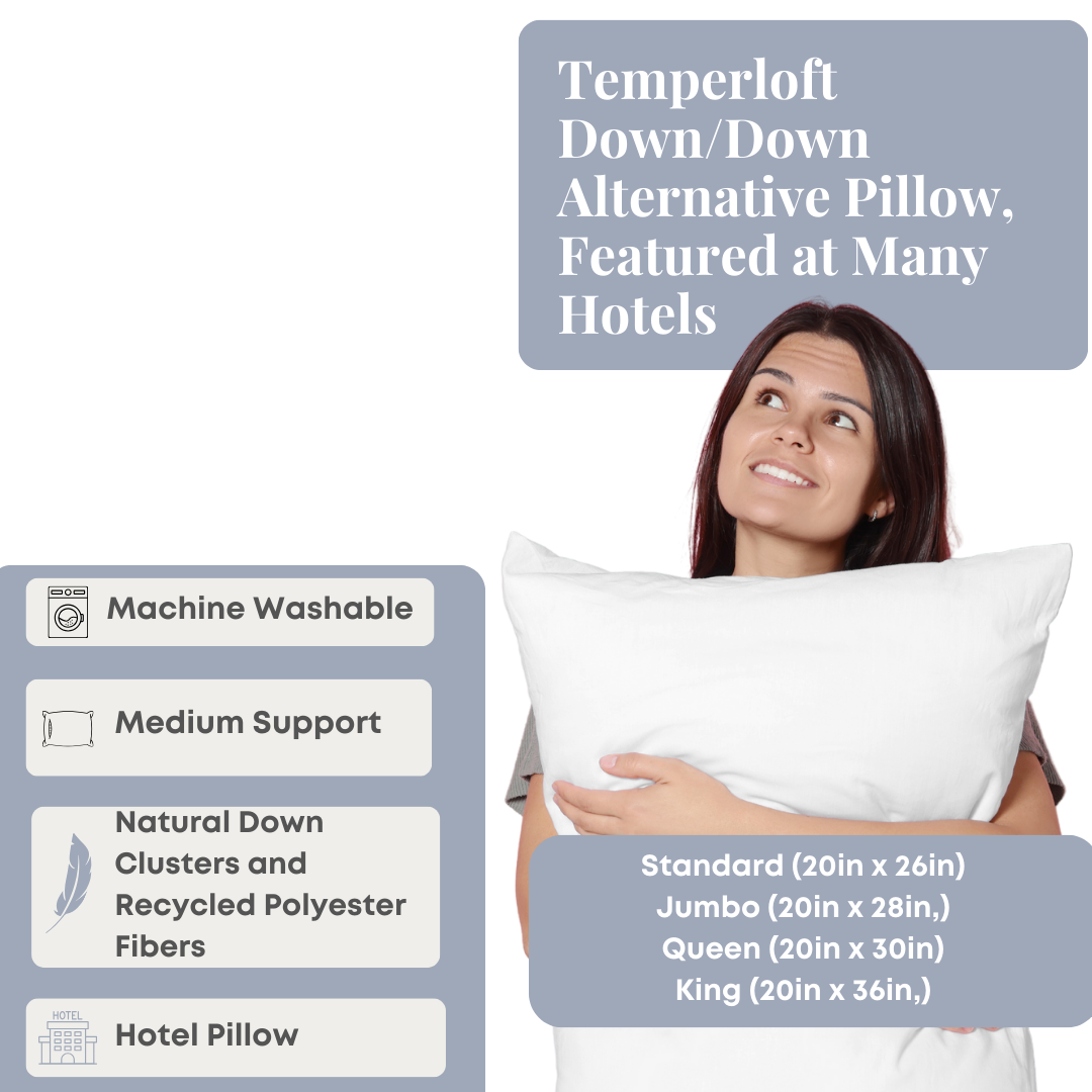Premium Temperloft Down & Down Alternative Pillow - Hotel Quality Luxury Bedding for Side, Back & Stomach Sleepers - Perfect for Home, Travel & Guest Rooms