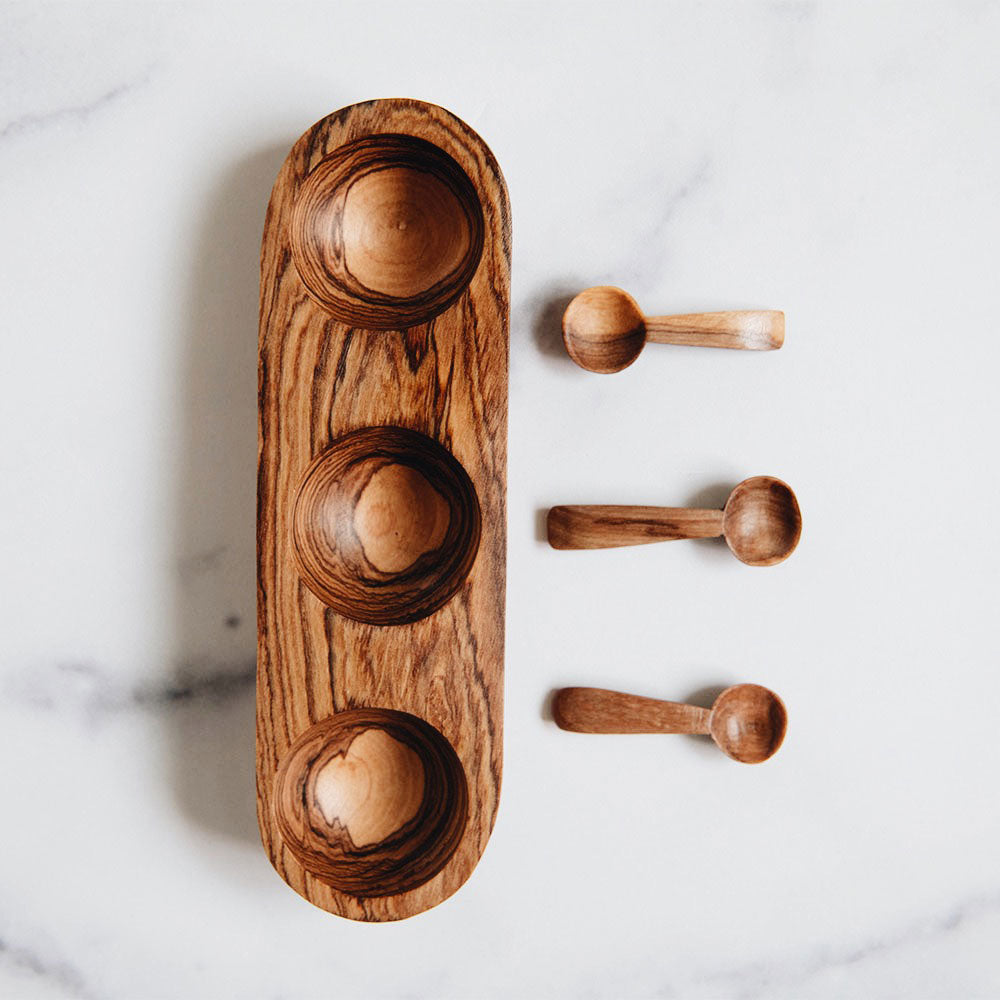 Premium Triple Well Spice Bowl Set with Stainless Steel Spoons - Perfect for Cooking, Baking & Seasoning - Ideal for Kitchen, BBQ & Dining Table Use