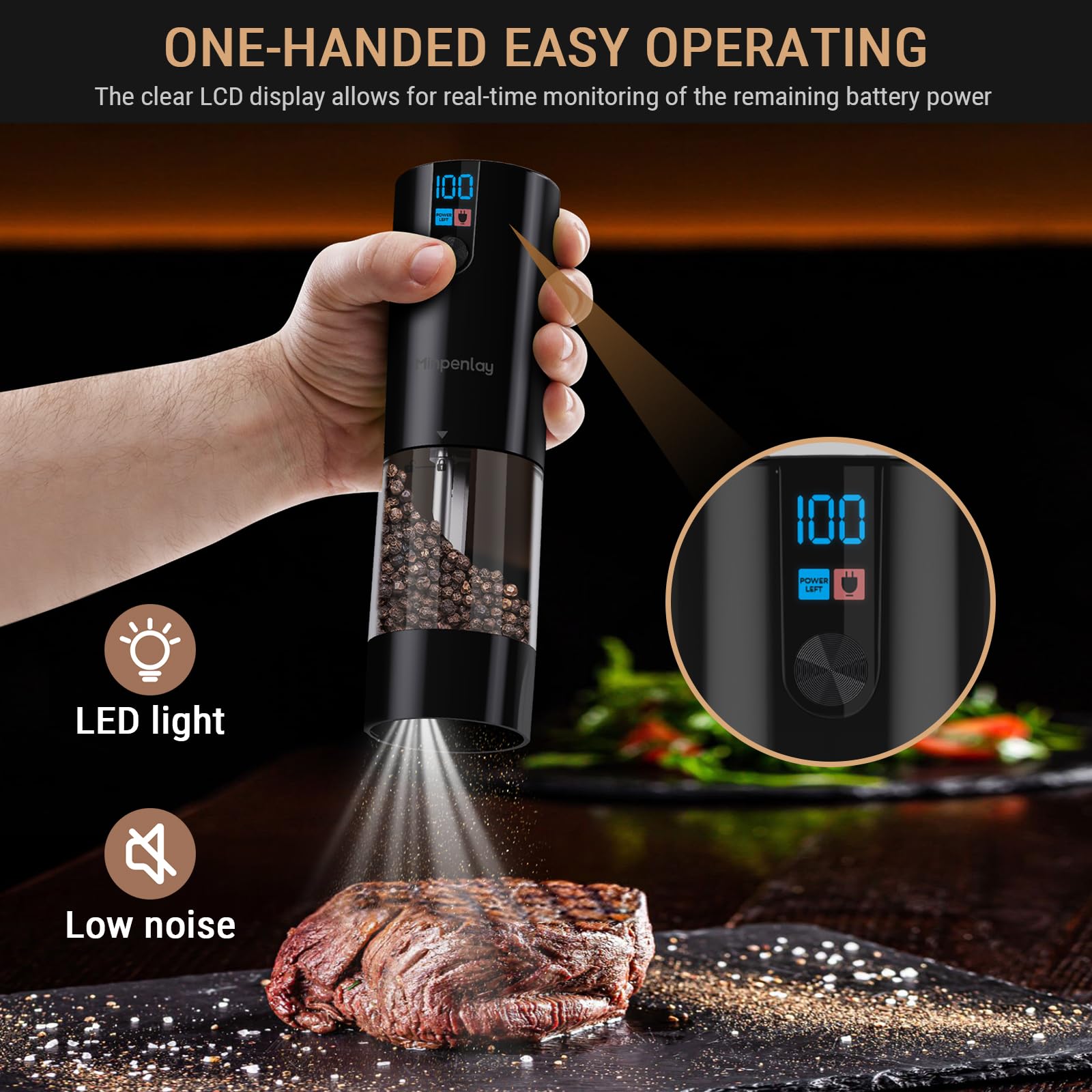 Rechargeable Electric Salt and Pepper Grinder Set with LED Display - Adjustable Coarseness, 120ml Capacity - Automatic Kitchen Spice Mill for Home & Restaurant Use - Perfect for Cooking, Dining & Gourmet Meal Prep (Bright Black, 2-Pack)