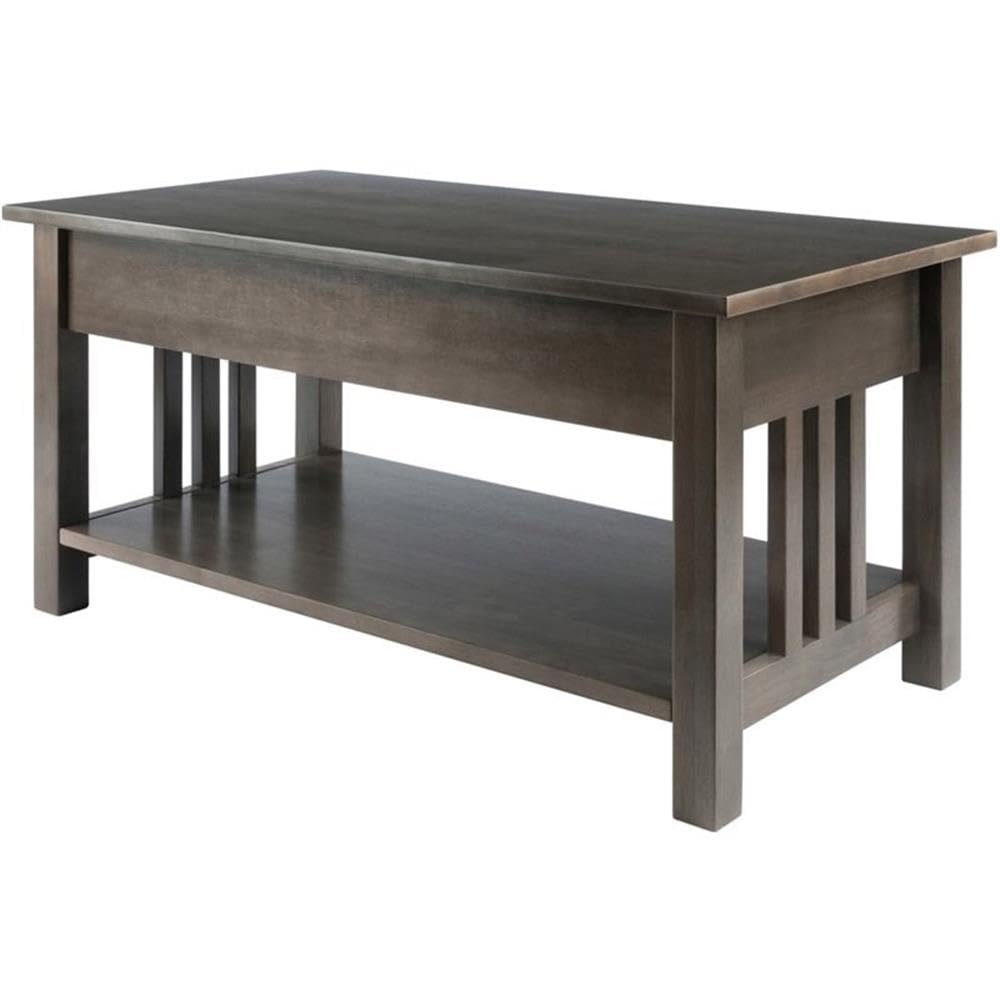 Pemberly Row Transitional Solid Wood Storage Coffee Table in Oyster Gray - Stylish Living Room Furniture with Hidden Storage for Remote, Magazines & Blankets