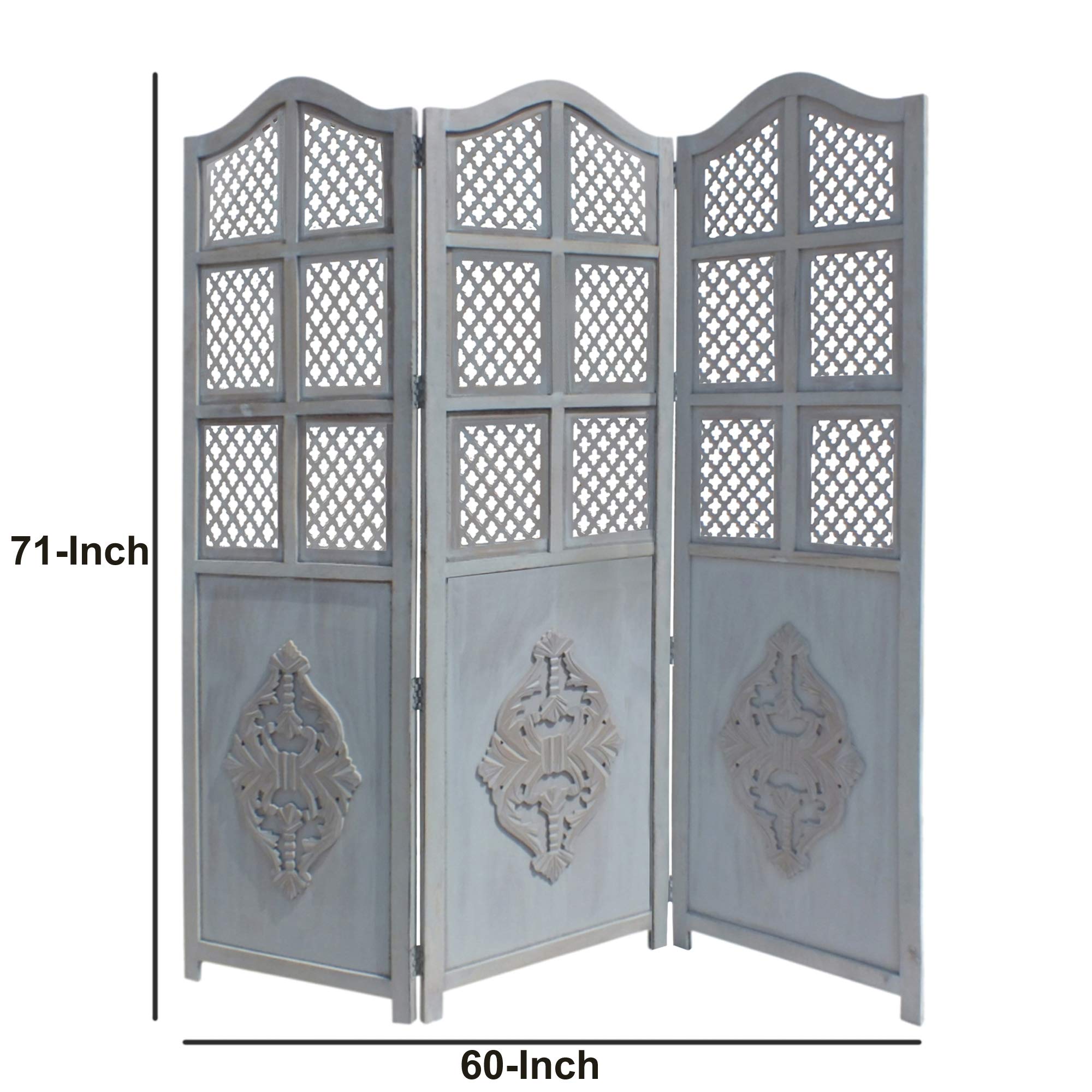 TUP The Urban Port 3-Panel Wooden Room Divider with Traditional Carvings & Cutouts - Blue Privacy Screen for Home, Office, Studio or Event Decoration