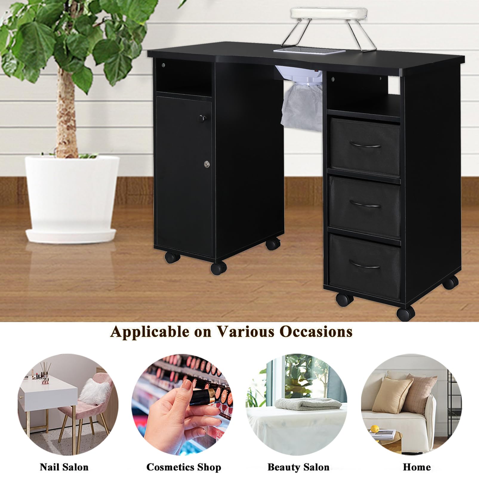 Professional Manicure Table Nail Desk with 3 Drawers, 1 Door, Dust Collector & Arm Rest Cushion - Wooden Beauty Salon Vanity Table for Spa, Home & Nail Technician Workstation - Perfect for Nail Art, Pedicures & Professional Manicures (Black)