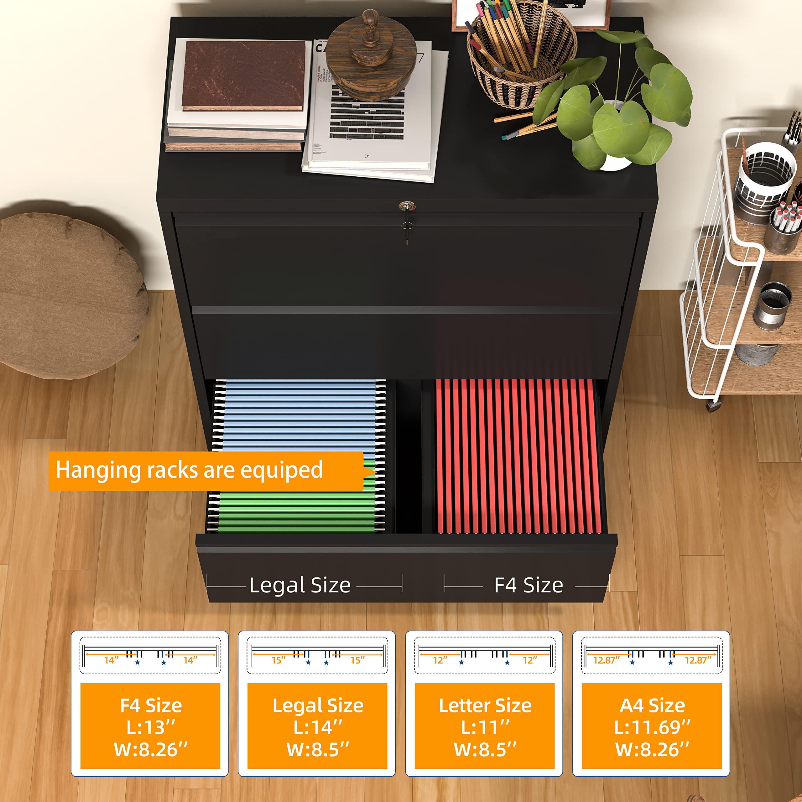 INTERGREAT 3-Drawer Black Lateral File Cabinet with Lock - Legal/Letter & A4 Size Metal Steel Locking Wide Filing Cabinet for Home Office - Perfect for Document Storage, Office Organization & Secure File Keeping
