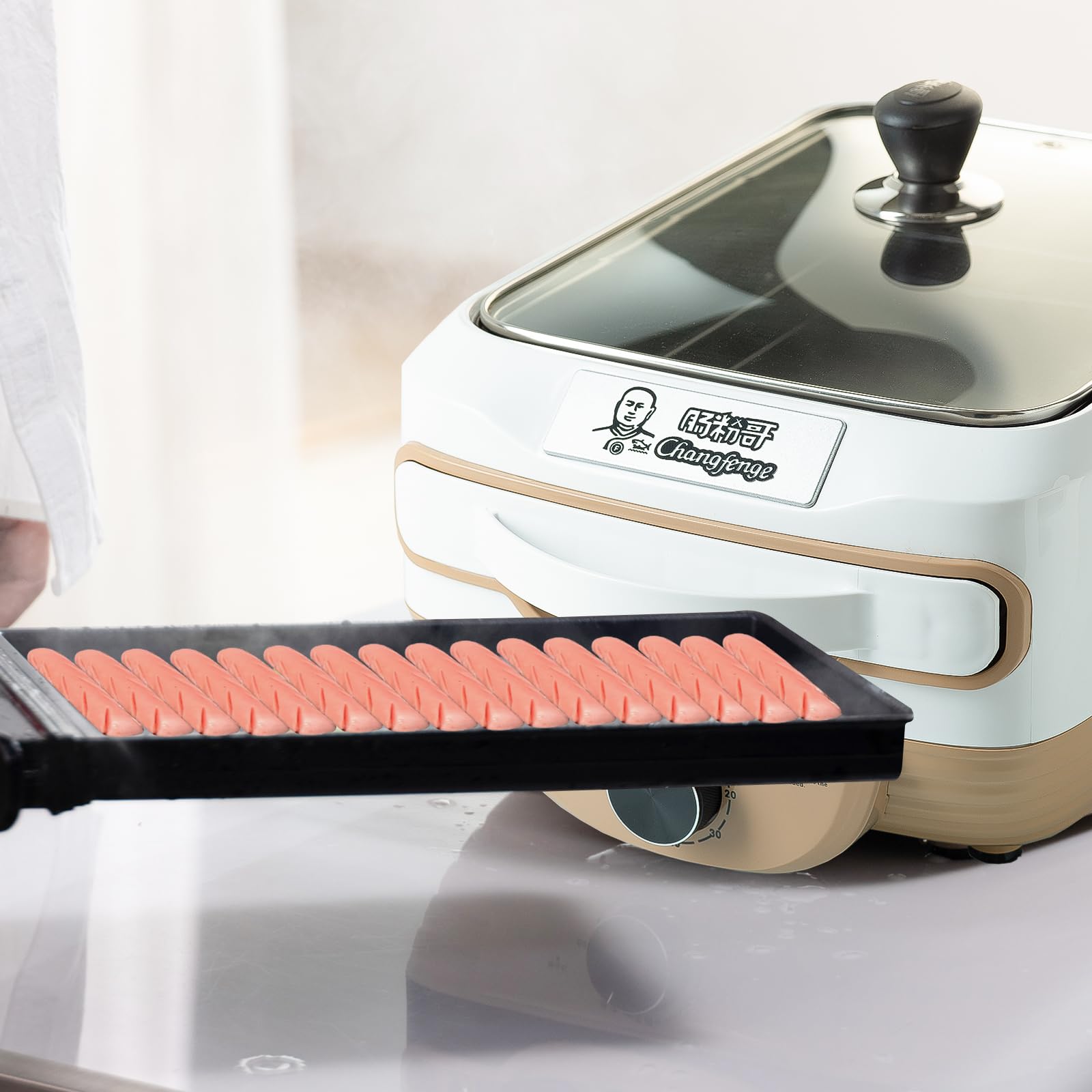 **Commercial Rice Noodle Roll Machine & Hot Dog Steamer - Cantonese Cheung Fun Maker with Bun Warmer for Breakfast, Sausages & Dim Sum (Beige) – Perfect for Restaurants, Food Trucks & Home Kitchens**