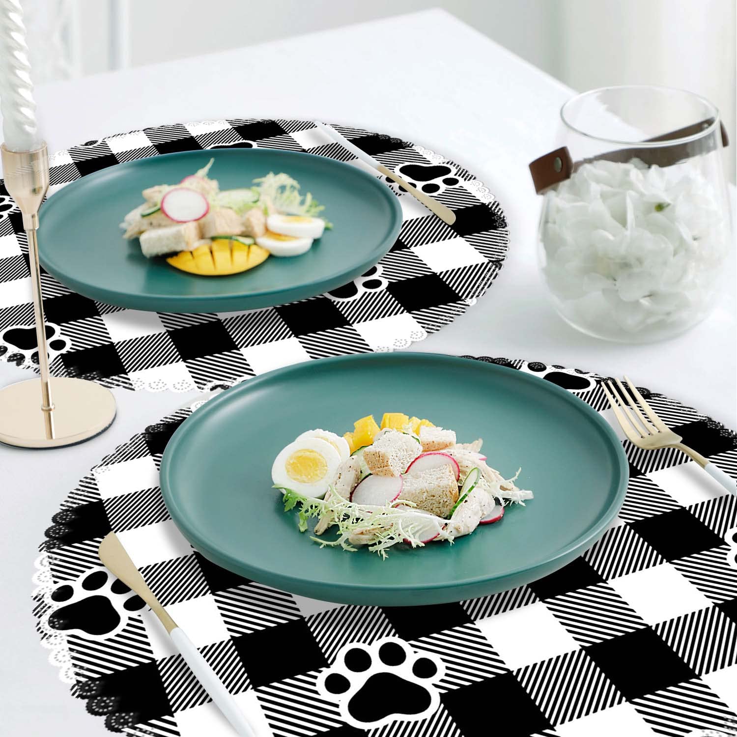 Round Washable Polyester Placemats Set of 4 - Heat Resistant Kitchen Table Mats with Black and White Plaid Dog Paw Design for Dining Room Decor | Perfect for Family Dinners, Pet-Friendly Homes, and Holiday Gatherings