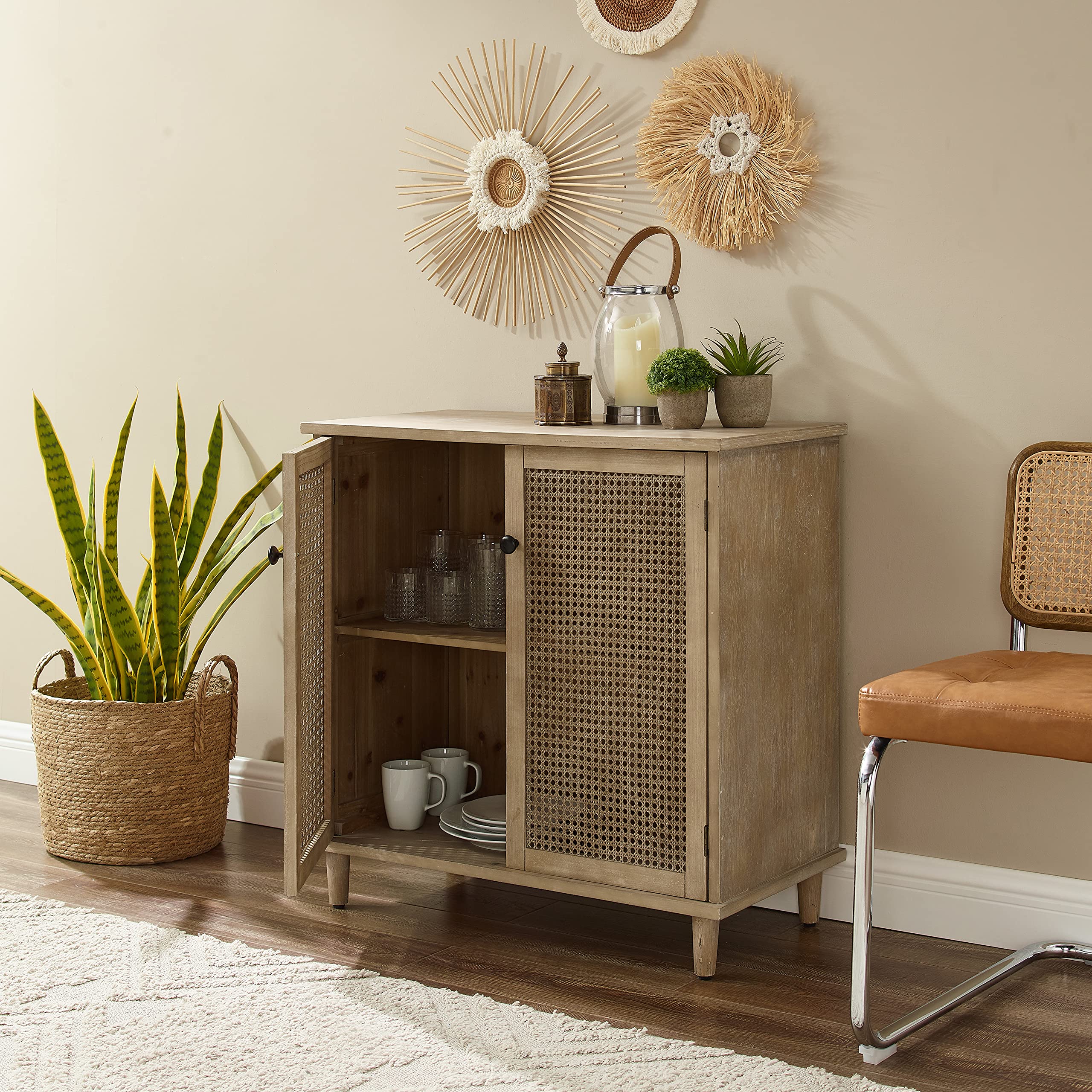 Art Leon 2-Door Rattan Storage Cabinet - Antique Natural Buffet Sideboard for Kitchen, Dining Room, Hallway & Living Room | Perfect for Organizing Dishes, Linens & Home Decor
