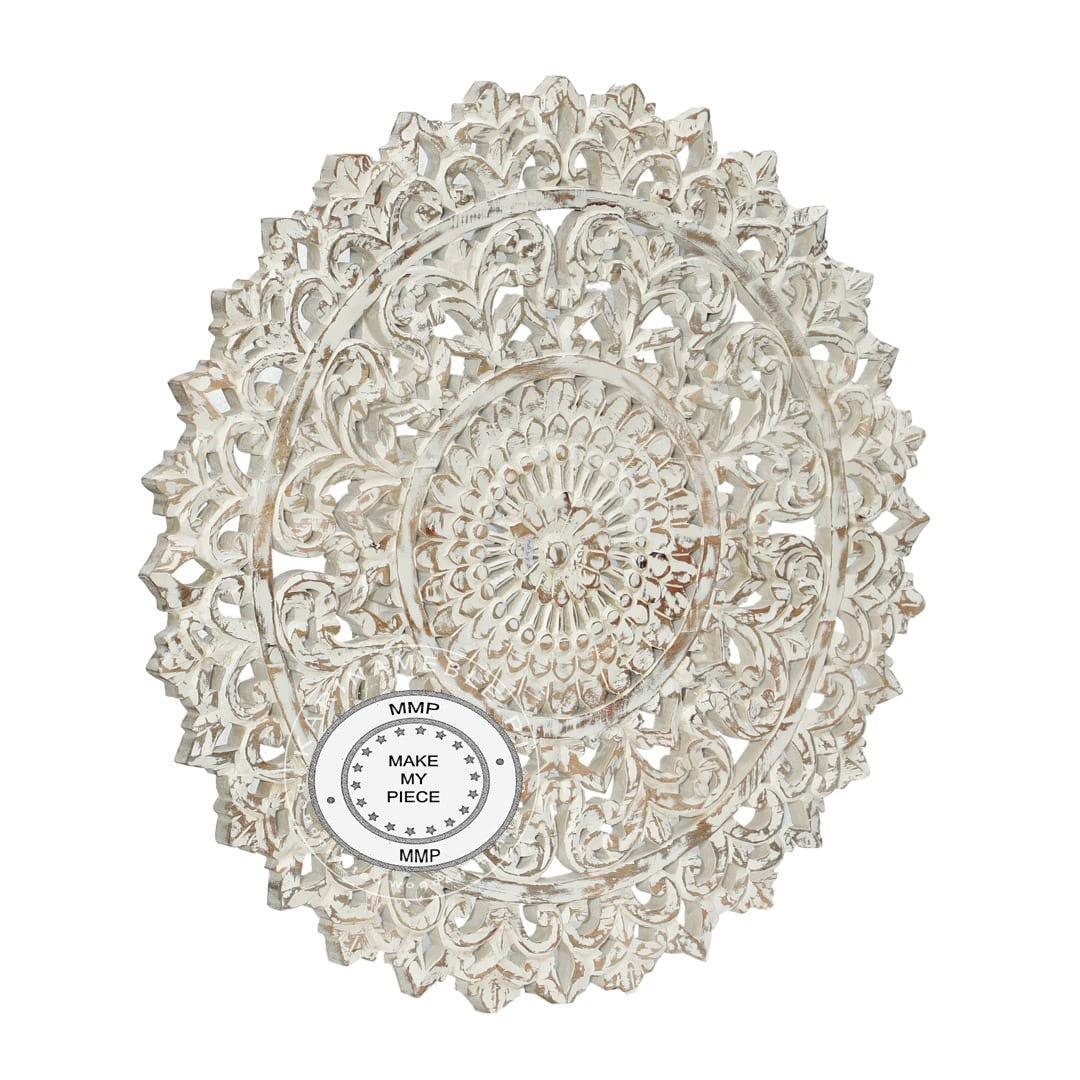 Hand Carved Indian Round Wooden Panel Bedhead - Whitewashed Boho Style Bedroom Decor for Master Bedroom & Guest Room
