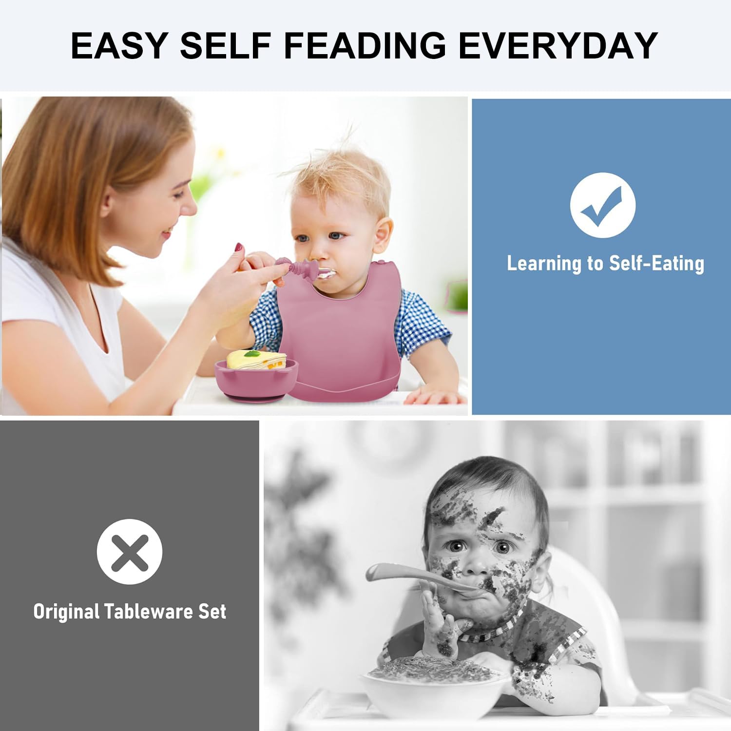 8-Piece Baby Led Weaning Starter Kit - Silicone Divided Plate, Bowl, Spoon & Fork Set with Adjustable Bib for Self Feeding (6+ Months, Deep Pink) - Perfect for Toddler Mealtime & Mess-Free Learning
