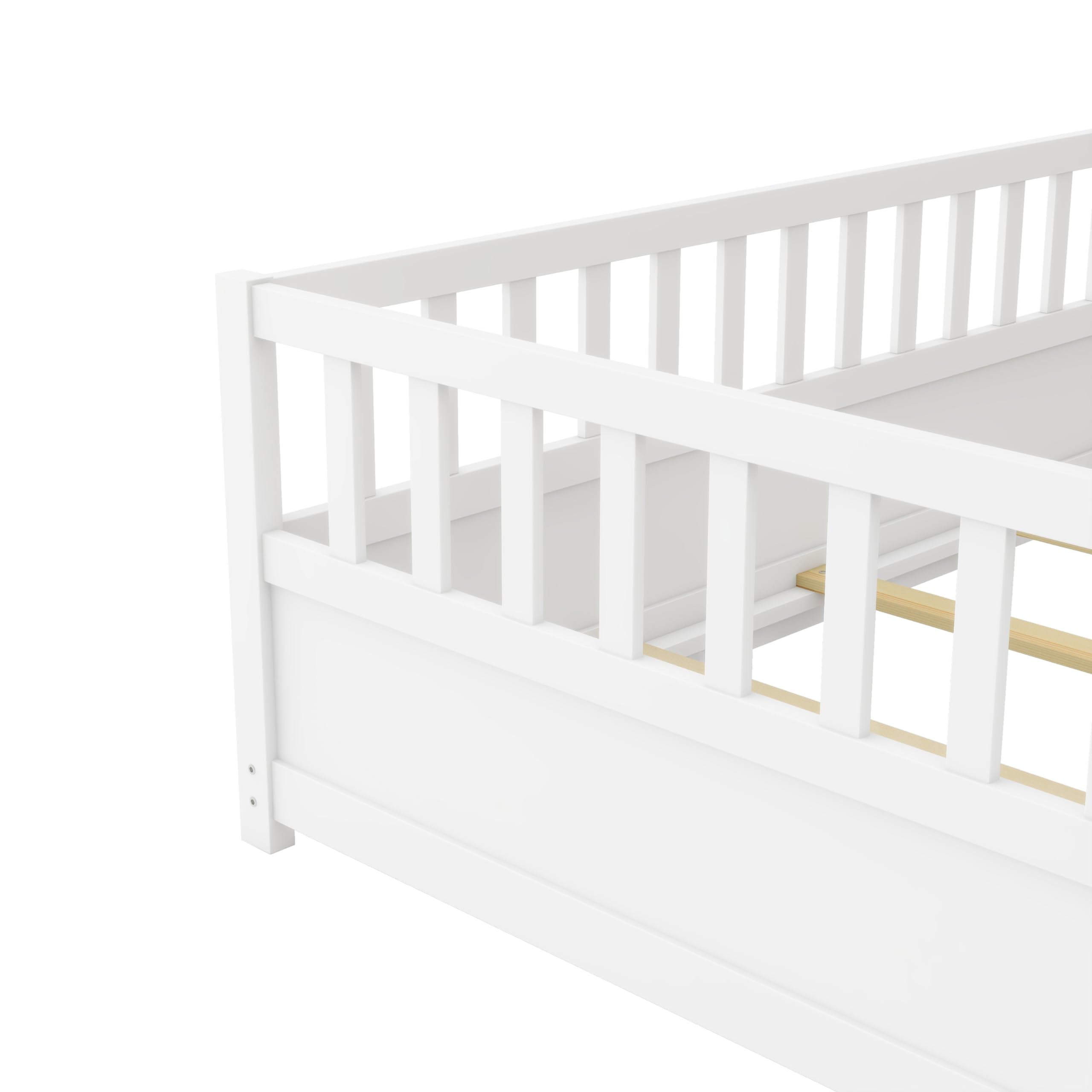 Montessori Twin Floor Bed with High Safety Rails & Door Design - Solid Wood Kids Bed Frame with Slats for Boys & Girls - White - Perfect for Toddler Rooms & Montessori Bedrooms