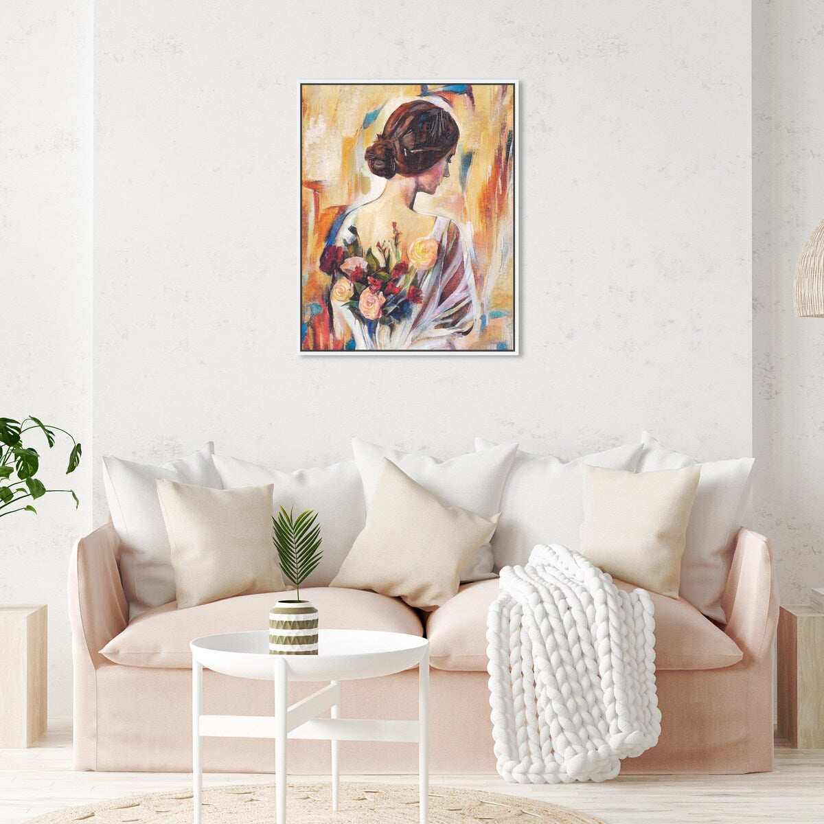Modern White Framed Canvas Wall Art Print - Floral Back and Flowers Design for Women, Elegant Home Decor for Bedroom, Living Room & Office