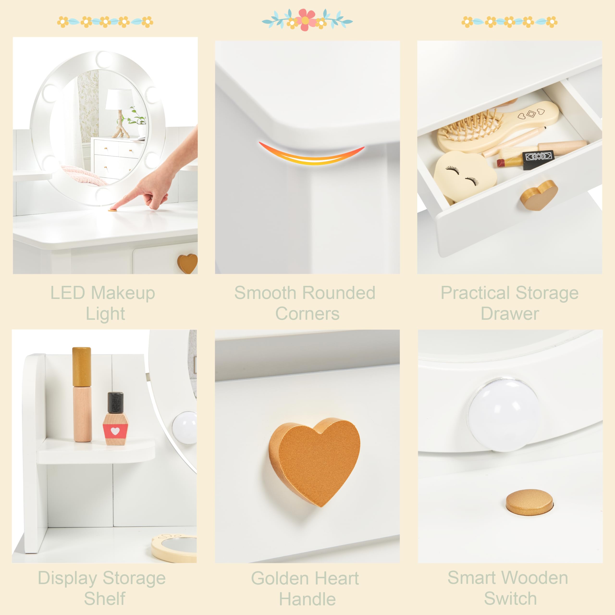 UTEX Kids Vanity Set with Mirror, Stool & Lights - Wooden Princess Makeup Desk & Dressing Table for Girls (White) | Pretend Play, Birthday Gift & Room Decor