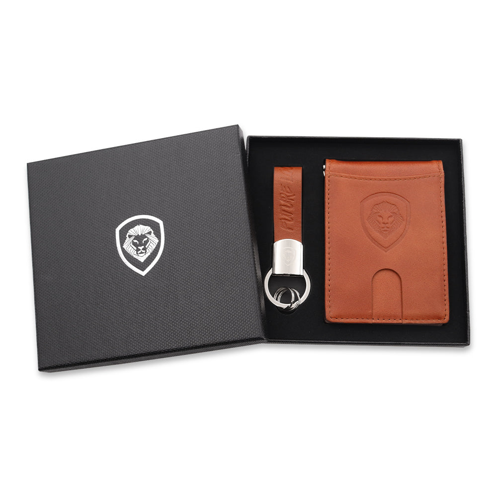 Premium Genuine Leather Brown Wallet & Keychain Set for Men - Stylish and Durable Gift for Everyday Use, Travel, and Business