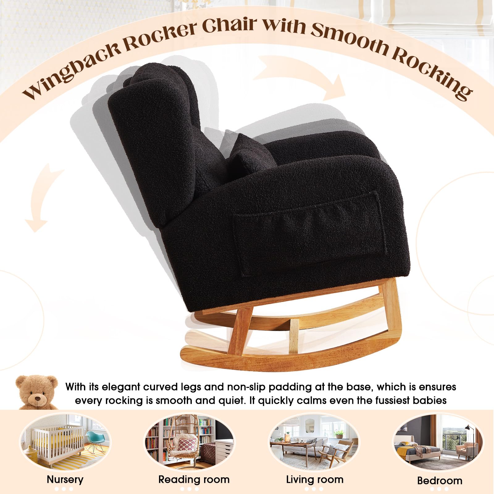 **Antetek Modern Rocking Chair - High Back Teddy Upholstered Nursery Rocker with Lumbar Pillow, Wingback Accent Armchair for Living Room, Bedroom & Nursery - Perfect for Nursing, Relaxing & Decor (Black)**