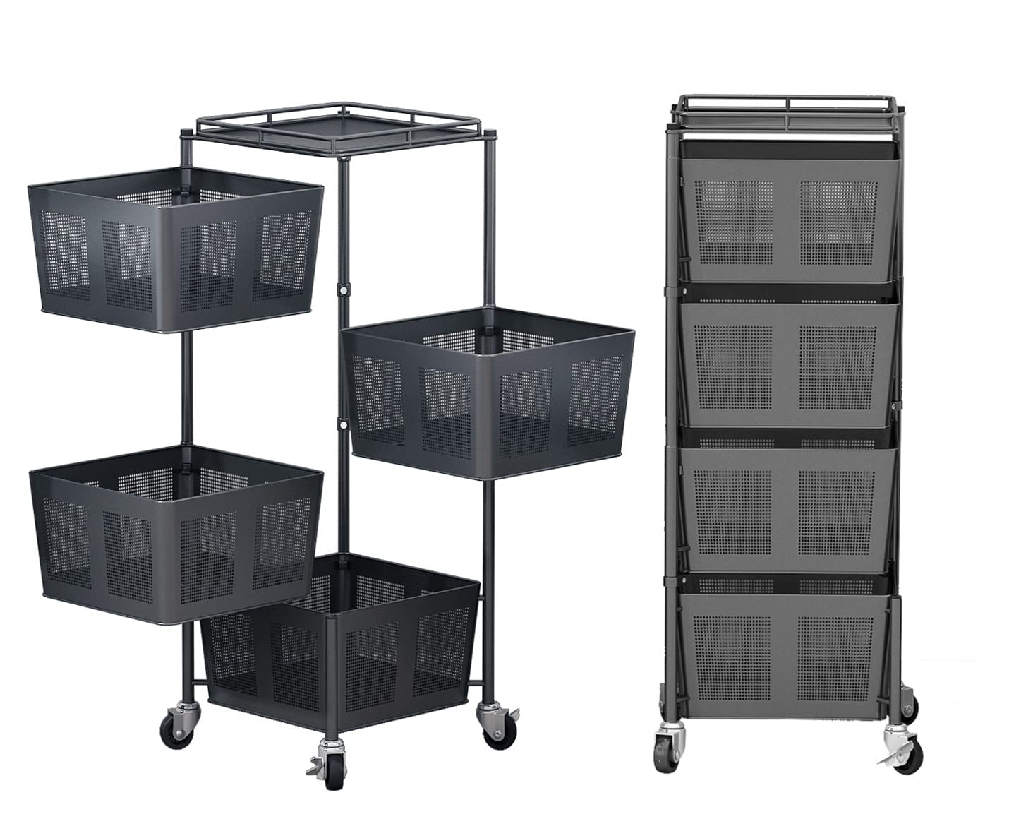 4 Tier Rotating Storage Basket Organizer with Wheels - Space Saving Kitchen Rack for Fruits, Vegetables, Pantry Items - Perfect for Market, Garage & Home Organization (360° Rotation, Easy Mobility)