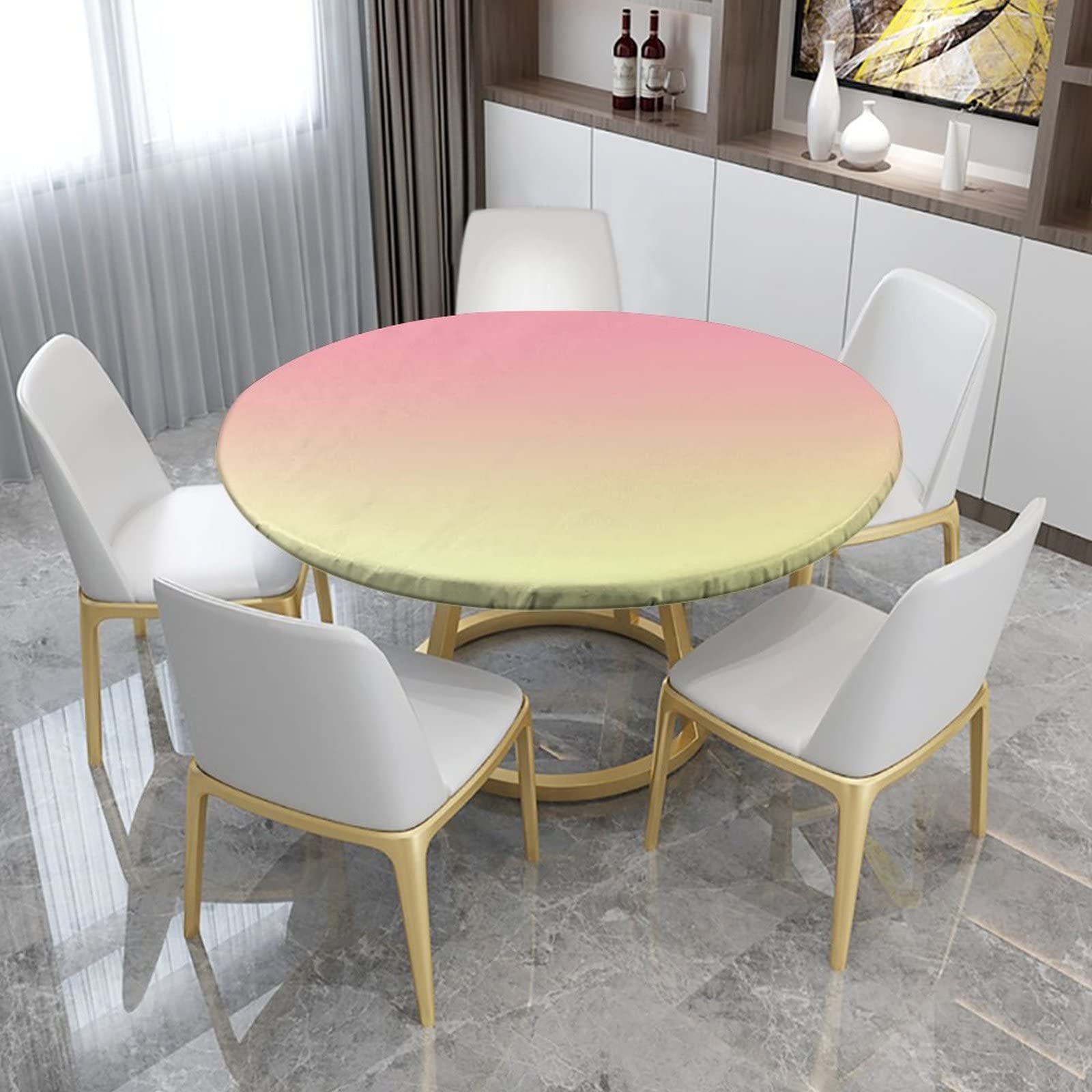 SongYi Ombre Round Fitted Tablecloth - Elastic Edge Waterproof Table Cover for 48 Inch Dining Table, Washable & Wipeable Fabric - Perfect for Outdoor Picnics, Dinner Parties, and Patio Decor (Pink)