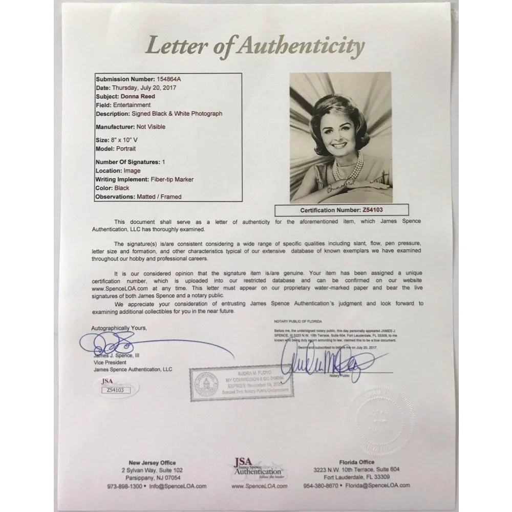 Donna Reed Signed 8x10 Photo with JSA COA - Framed Autograph from It's a Wonderful Life - Perfect for Movie Memorabilia Collectors & Classic Film Fans