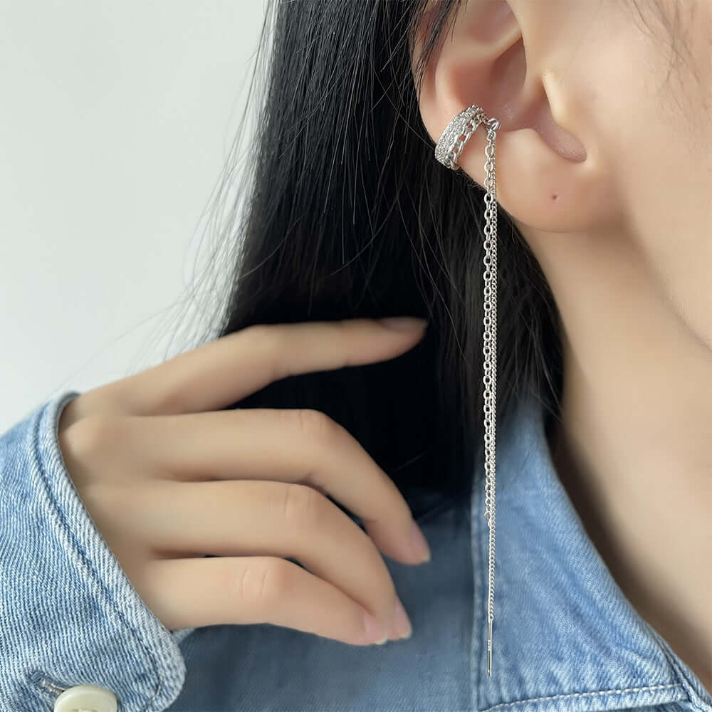 Silver Tassel Two Hole Link Chain Ear Cuff Earrings for Women | Boho Chic Jewelry for Parties, Weddings & Everyday Wear | R2772