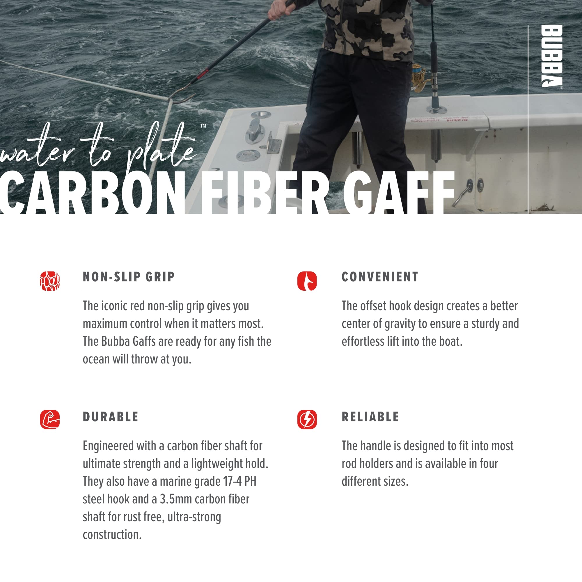 BUBBA 5 Foot Fishing Gaff with 3 Inch Stainless Steel Offset Hook | Non-Slip Grip Handle & Carbon Fiber Shaft | Heavy Duty for Saltwater Fishing, Boat Fishing & Outdoor Adventures