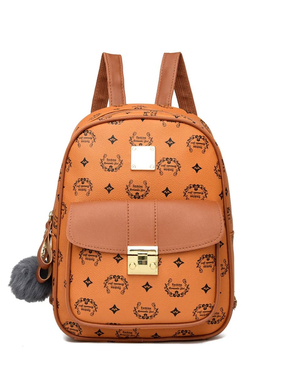 YJRIC Women's Letter Graphic Backpack with Pom-Pom Charm - Brown for School & Travel