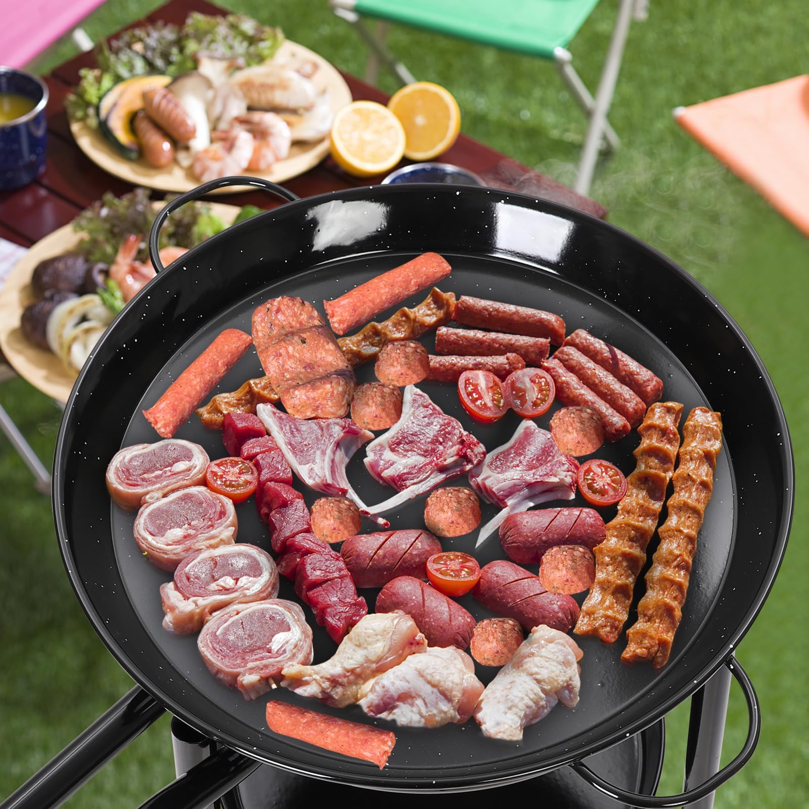 18 Inch Carbon Steel Paella Pan with 16 Inch Burner & 15.75 Inch Extra Pan - Complete Wheeled Paella Kit for 14-16 Servings - Perfect for Outdoor Cooking, Camping, Parties & Large Gatherings