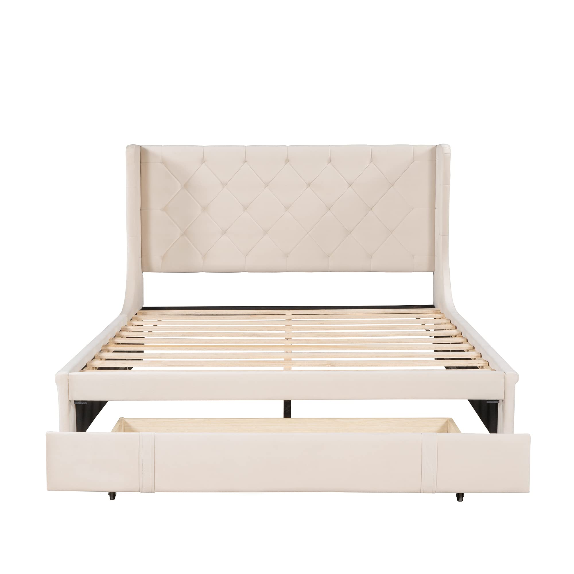 TRIPLE TREE Queen Size Storage Bed with Drawers - Upholstered Platform Bed Frame with Wingback Headboard & Wooden Slat Support | Sturdy Bedroom Furniture for Teens & Adults | Perfect for Small Spaces & Guest Rooms (Beige)