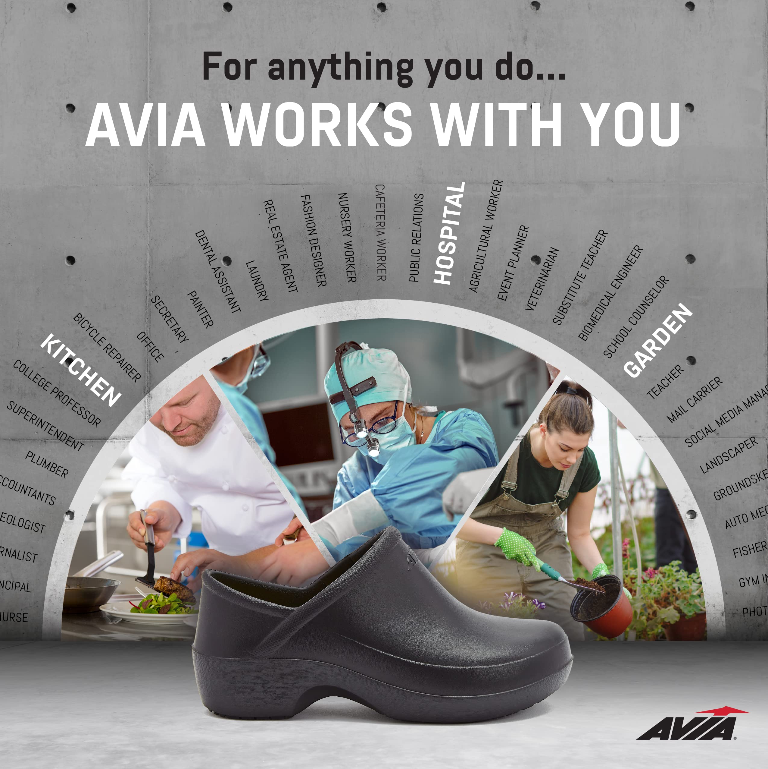 Avia Women's Shadow Slip-Resistant Work Clogs - Non-Slip Slip-On Shoes for Food Service & Healthcare Professionals - Comfortable Black Clogs for Restaurant, Hospital & Kitchen Workers