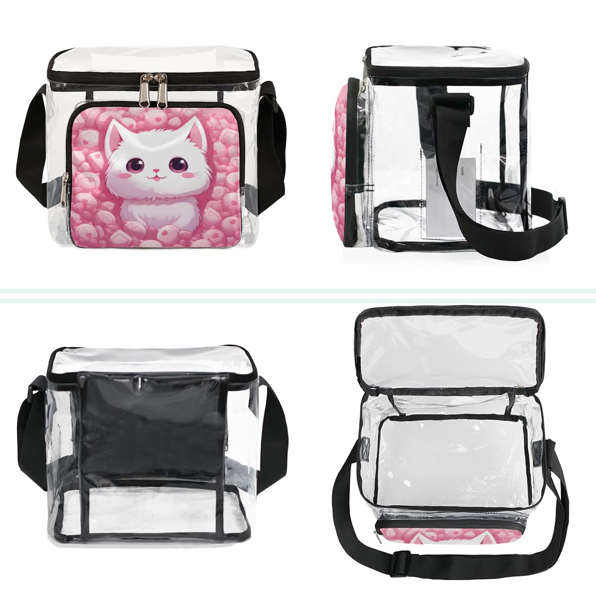 GzLeyigou Pink Cute Kitten Clear Tote Bag with Handles - Transparent Crossbody Shoulder Purse for Women, White Cat Design Lunch Bag | Perfect for Outdoor Travel, Picnic, Concerts, Sports Events & Stadium Approved | Waterproof & Lightweight Daily Essentials Carrier